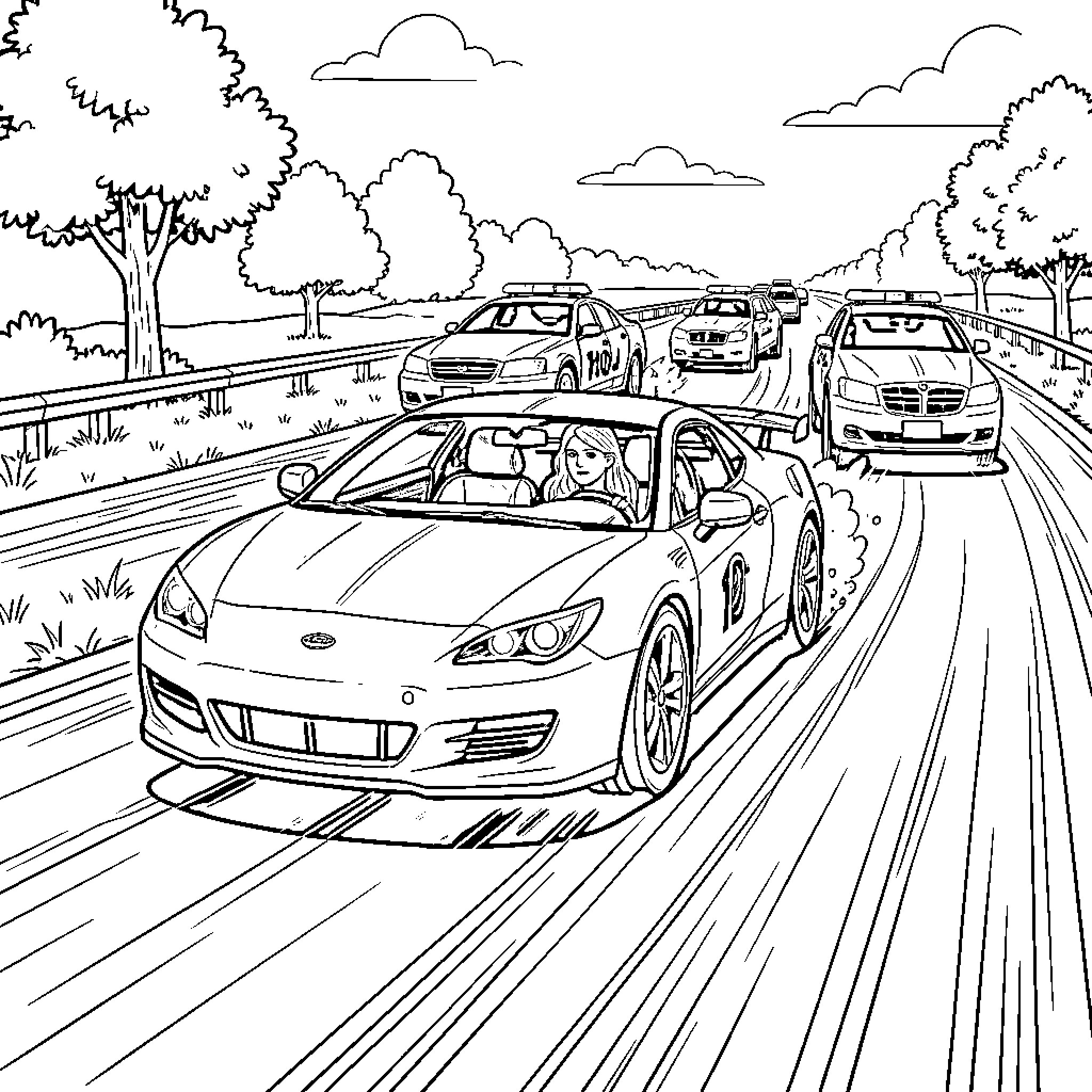 Car being chased by police on a road Coloring Page (free black-and-white line drawing printable PDF for all, from beginners to advanced learners, including children, teens, adults, and seniors)