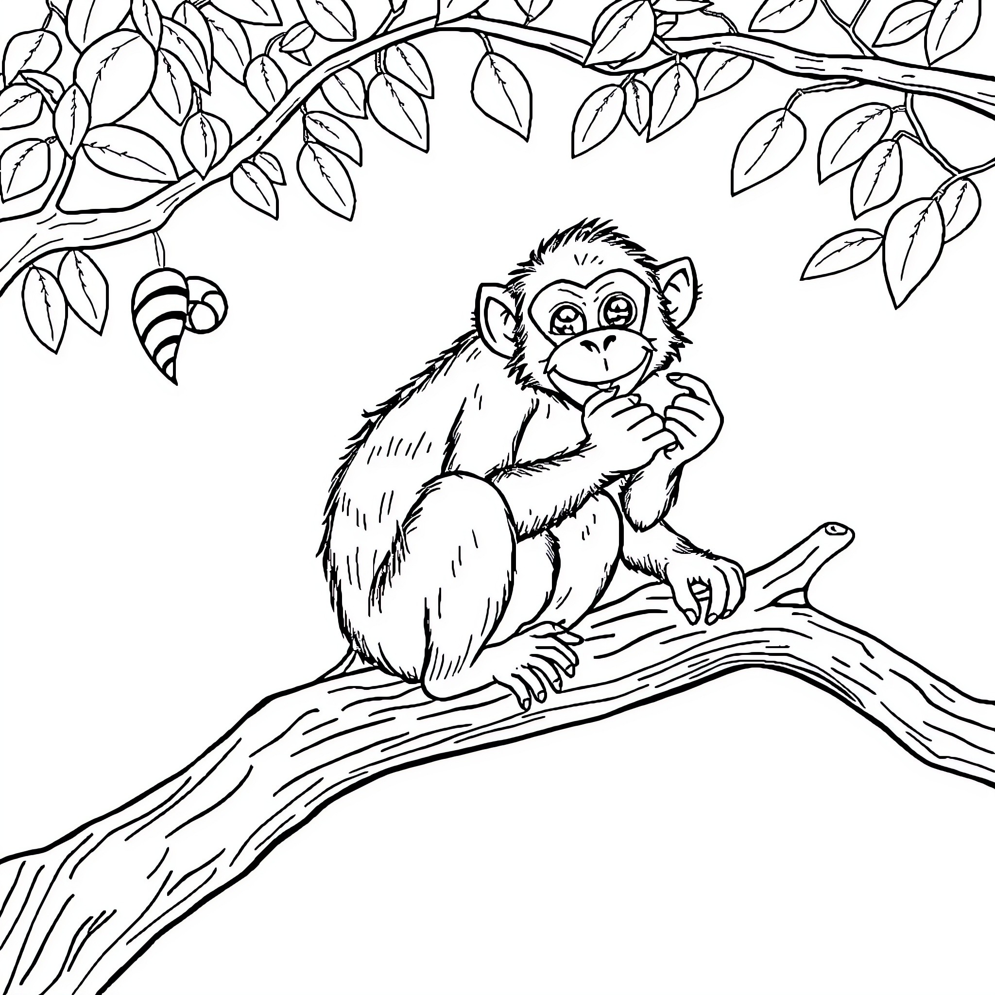 Monkey sitting on tree branch Coloring Page (free black-and-white line drawing printable PDF for all, from beginners to advanced learners, including children, teens, adults, and seniors)