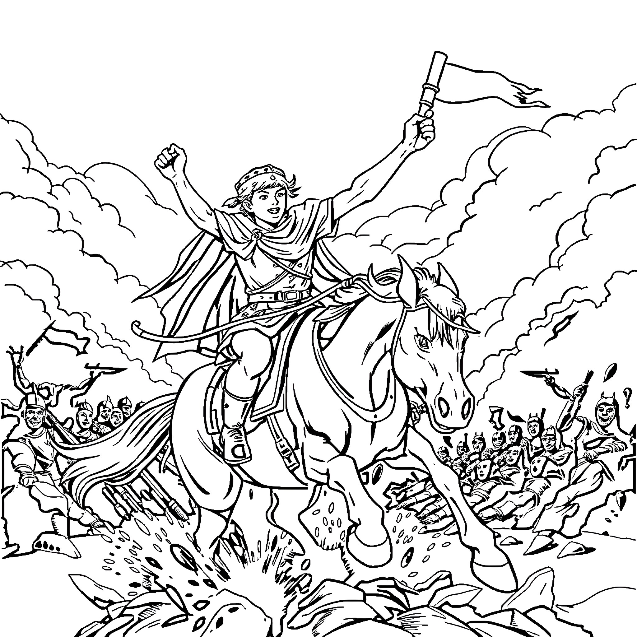 Teen hero leading charge on horseback Coloring Page (free black-and-white line drawing printable PDF for all, from beginners to advanced learners, including children, teens, adults, and seniors)