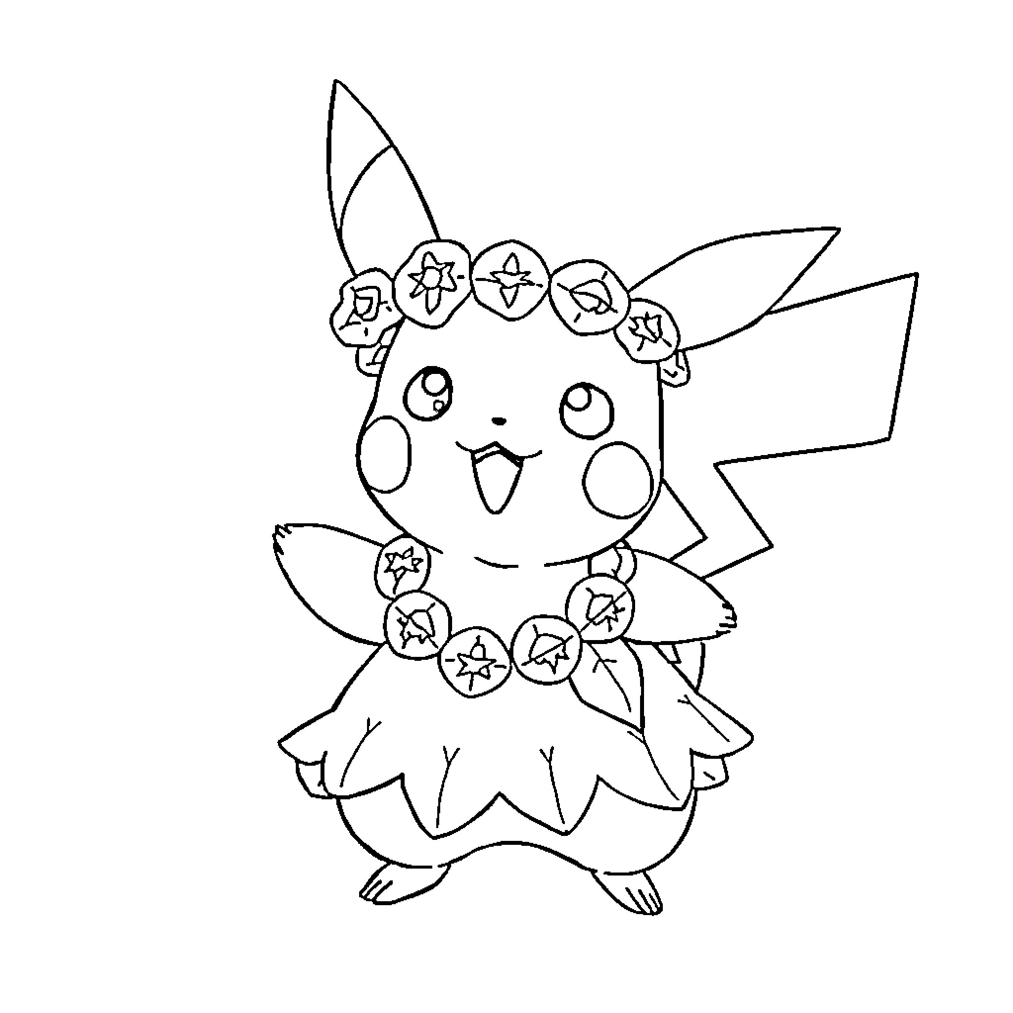 Pikachu wearing a floral crown Coloring Page (free black-and-white line drawing printable PDF for all, from beginners to advanced learners, including children, teens, adults, and seniors)