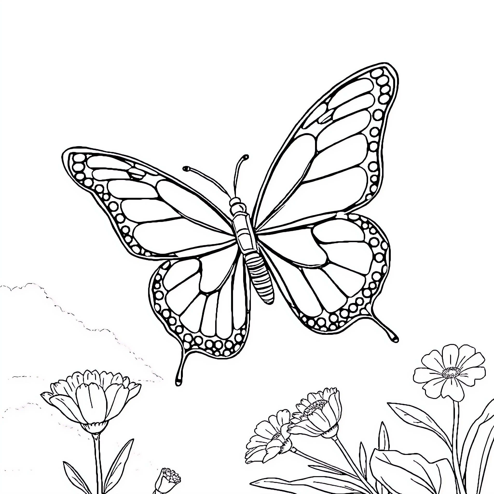 Butterfly landing amidst floral garden Coloring Page (free black-and-white line drawing printable PDF for all, from beginners to advanced learners, including children, teens, adults, and seniors)