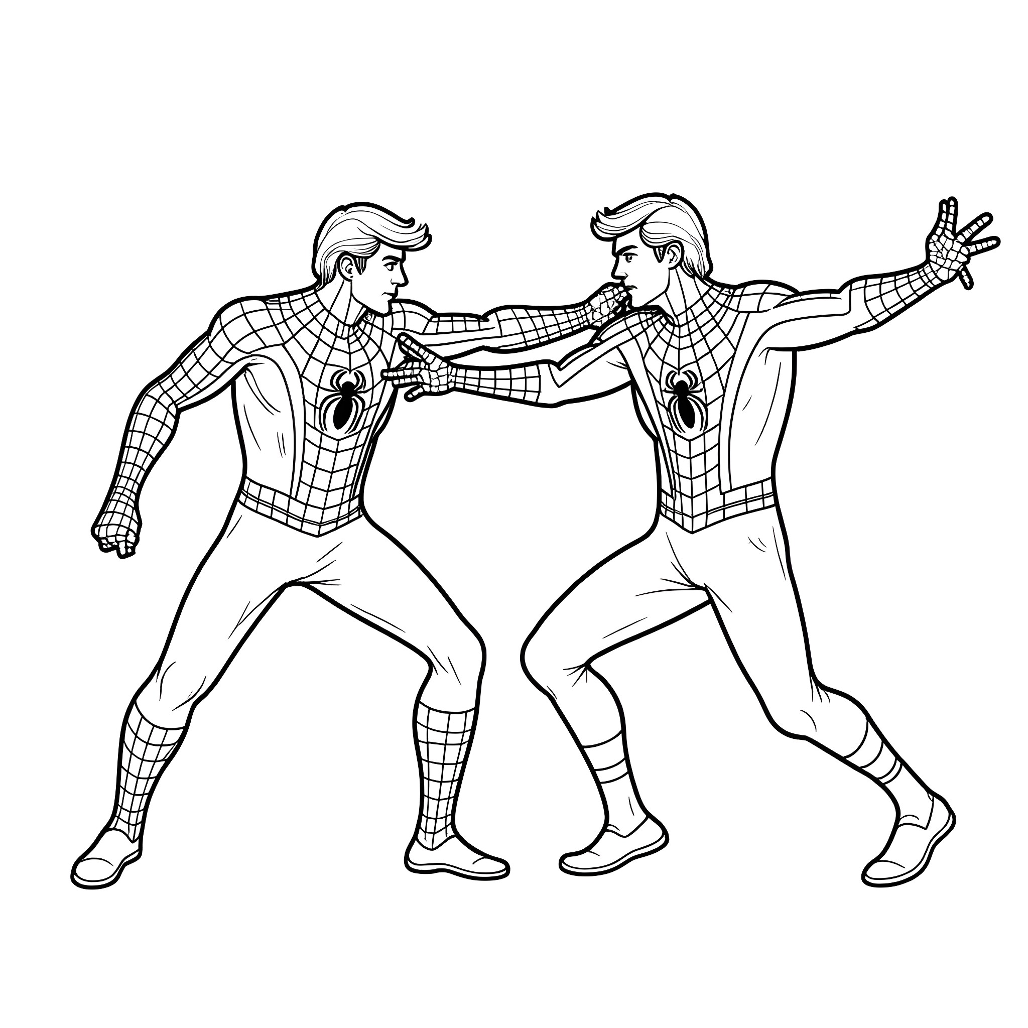 Spider-Men engaging in heroic confrontation Coloring Page (free black-and-white line drawing printable PDF for all, from beginners to advanced learners, including children, teens, adults, and seniors)