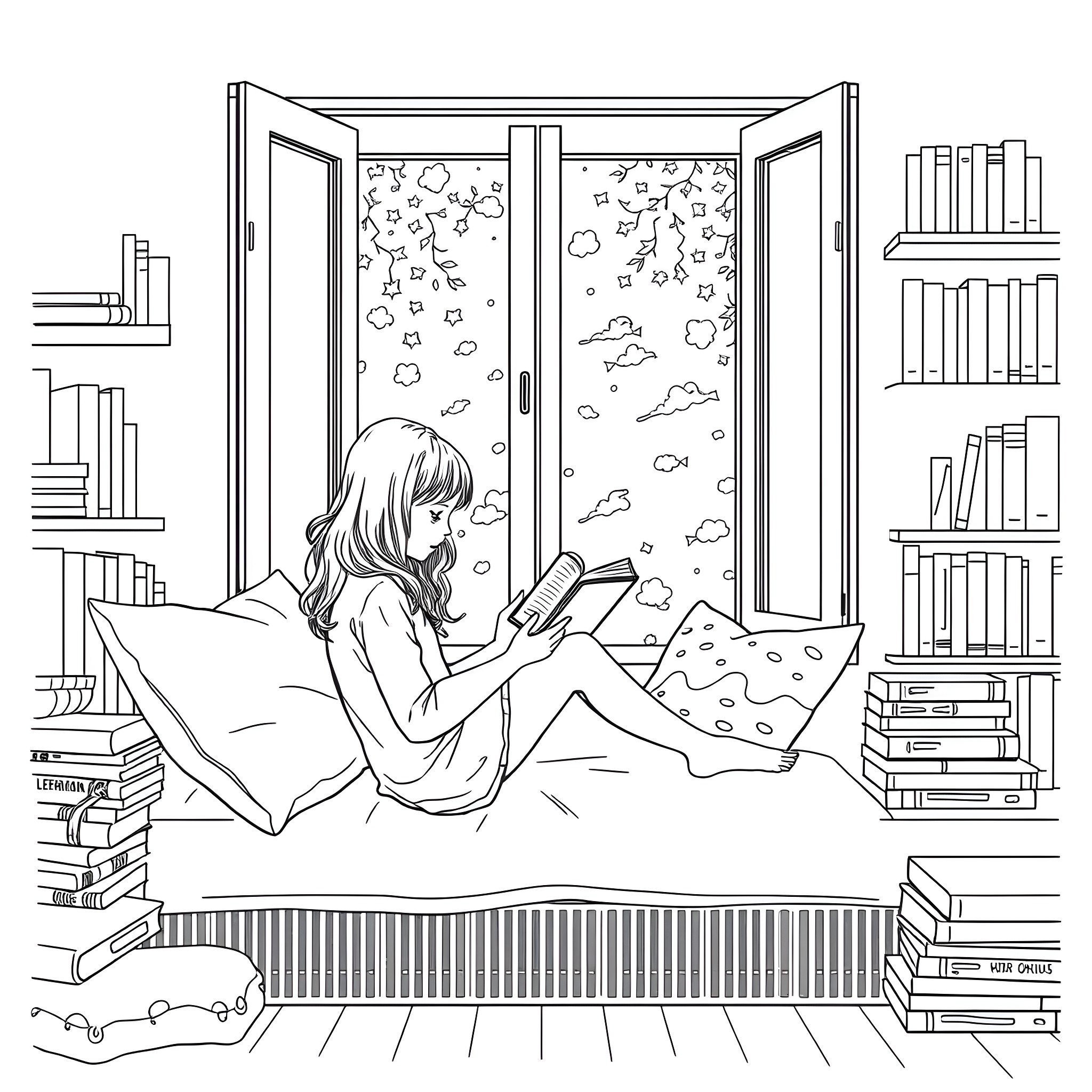 Girl relaxing and reading a book by the window Coloring Page (free black-and-white line drawing printable PDF for all, from beginners to advanced learners, including children, teens, adults, and seniors)