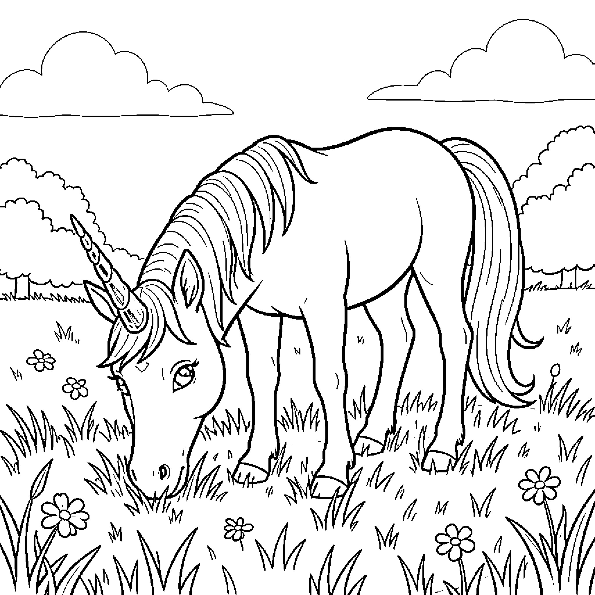 Unicorn grazing peacefully in a meadow Coloring Page (free black-and-white line drawing printable PDF for all, from beginners to advanced learners, including children, teens, adults, and seniors)