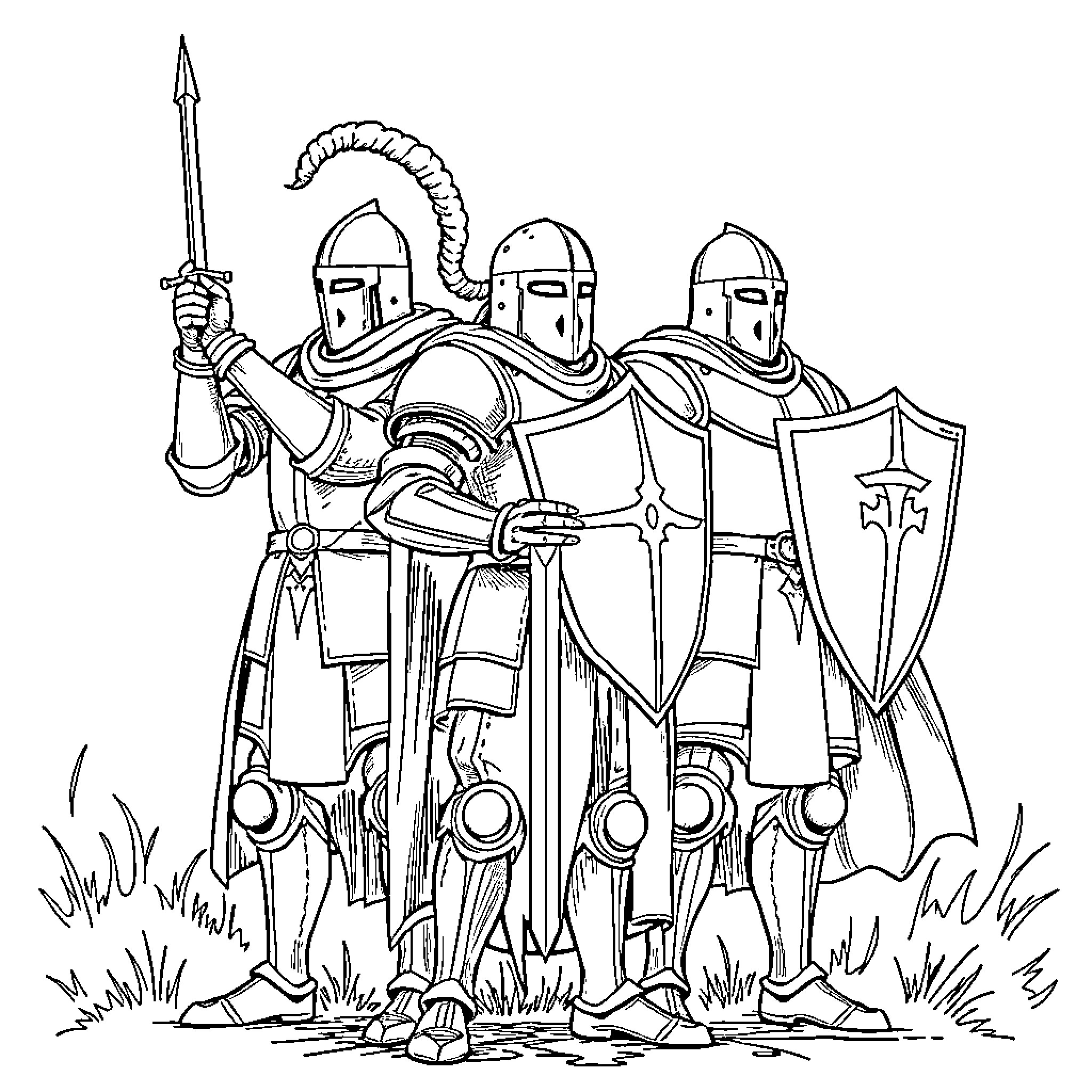 Knights on the Battlefield, Ready for Action Coloring Page (free black-and-white line drawing printable PDF for all, from beginners to advanced learners, including children, teens, adults, and seniors)