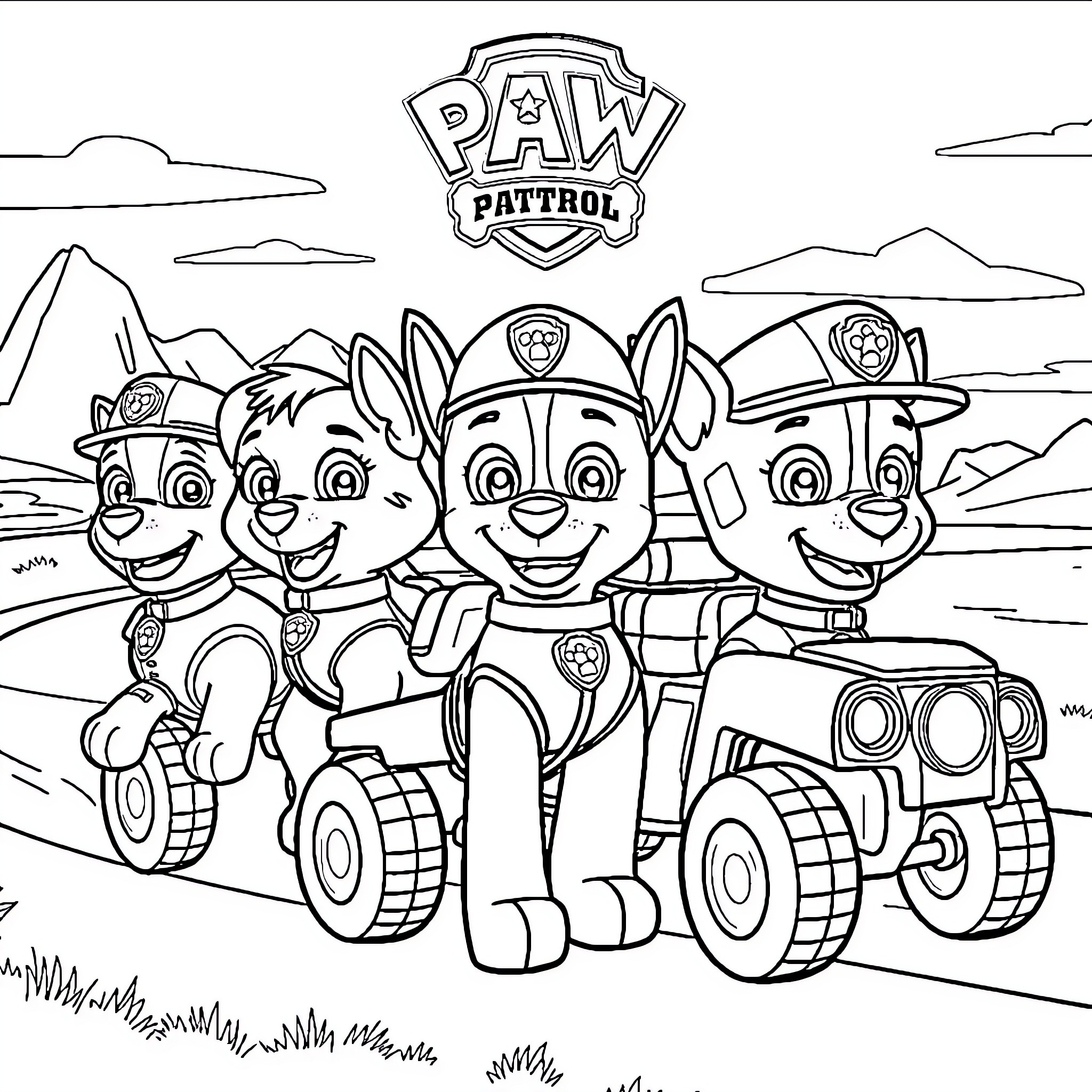 Paw Patrol Team Riding Vehicles in Outdoor Adventure Coloring Page (free black-and-white line drawing printable PDF for all, from beginners to advanced learners, including children, teens, adults, and seniors)