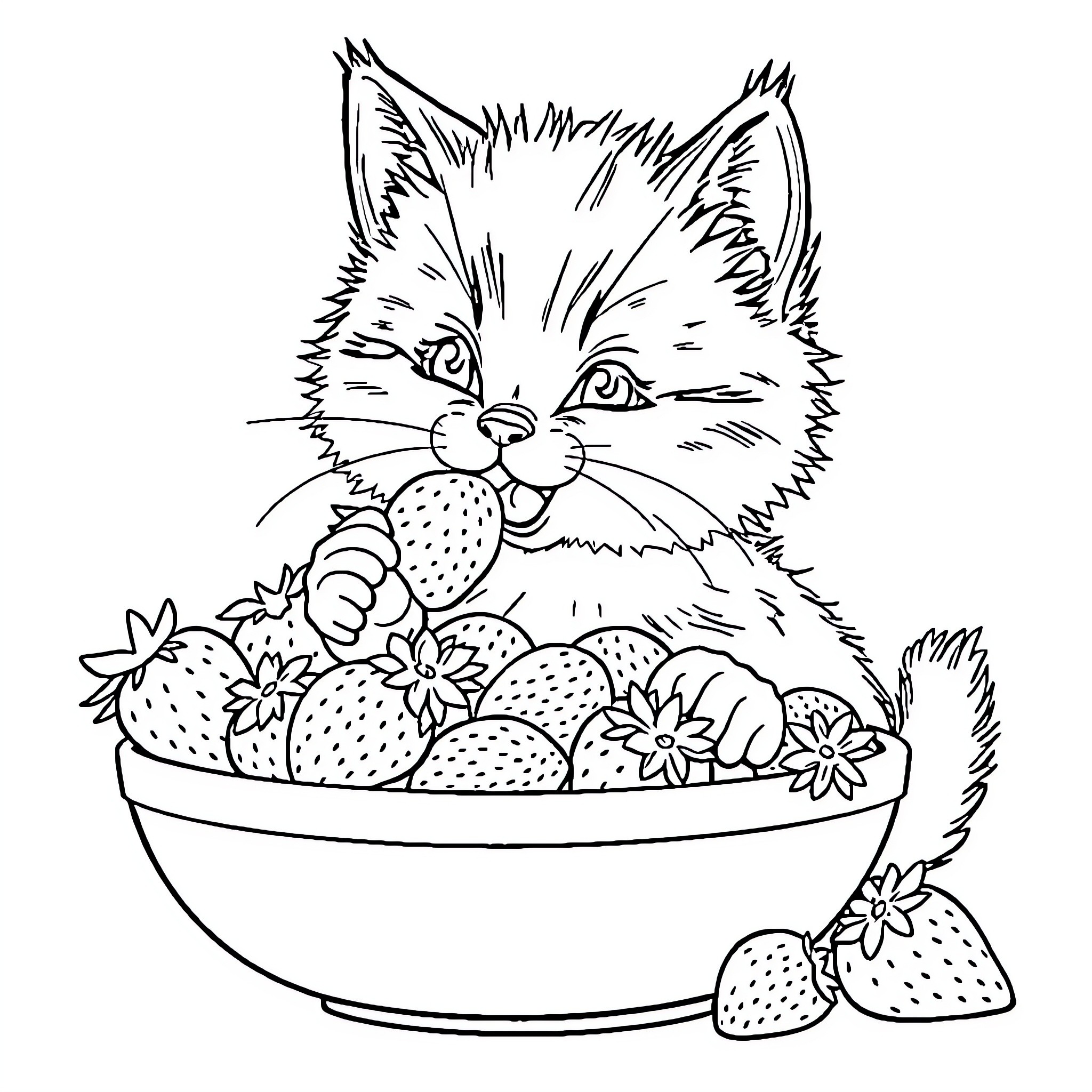 Kitty Enjoys Delightful Strawberry Treat Coloring Page (free black-and-white line drawing printable PDF for all, from beginners to advanced learners, including children, teens, adults, and seniors)