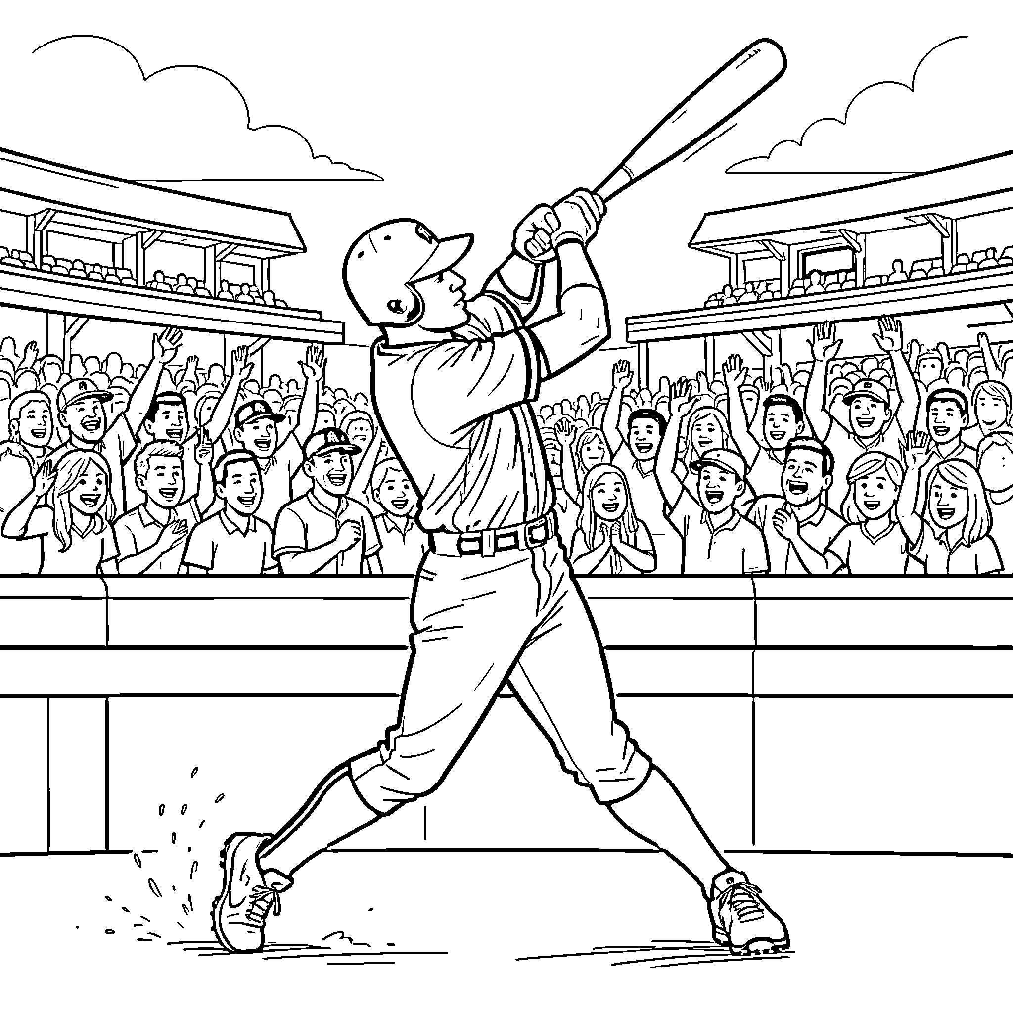 Ken Griffey Junior swinging bat in baseball stadium Coloring Page (free black-and-white line drawing printable PDF for all, from beginners to advanced learners, including children, teens, adults, and seniors)