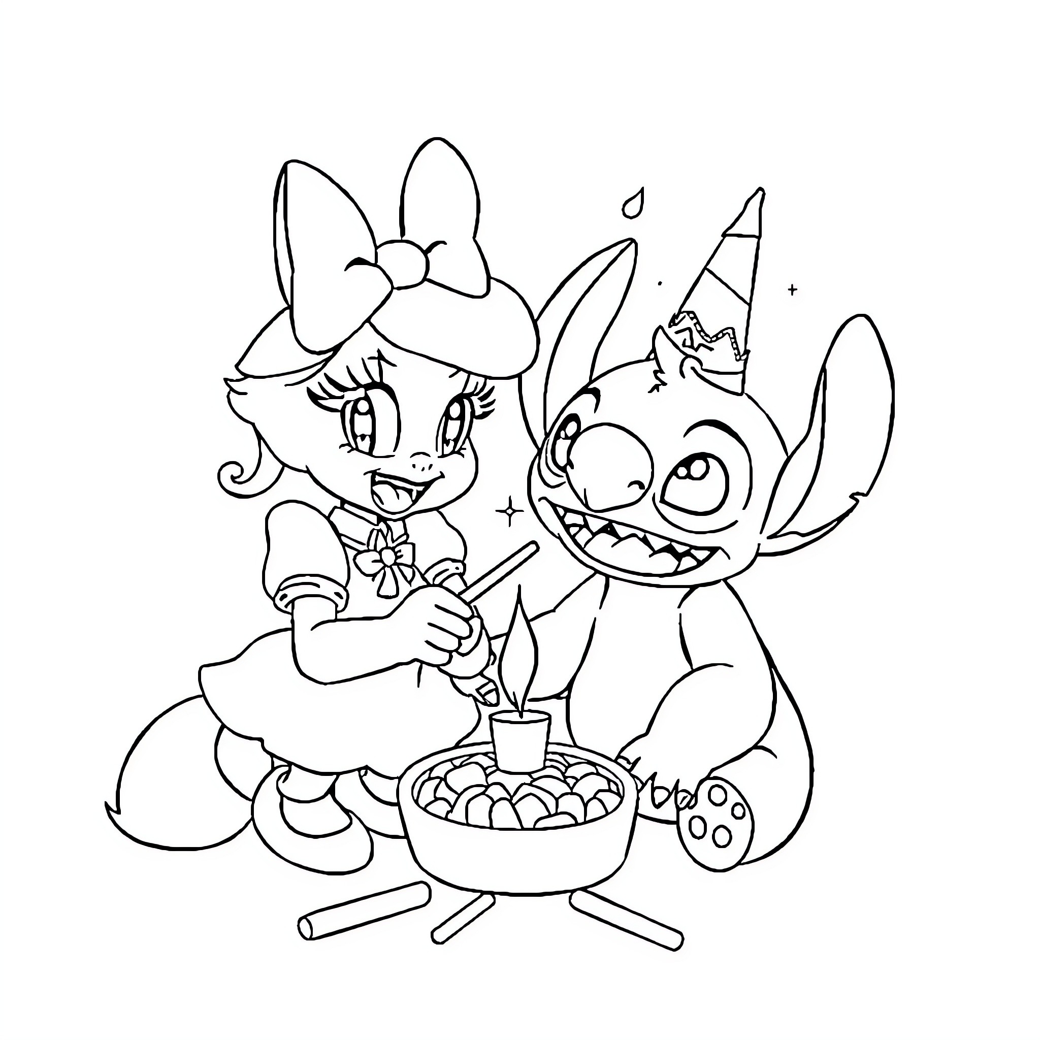 Daisy and Stitch Celebrate with a Cake Coloring Page (free black-and-white line drawing printable PDF for all, from beginners to advanced learners, including children, teens, adults, and seniors)