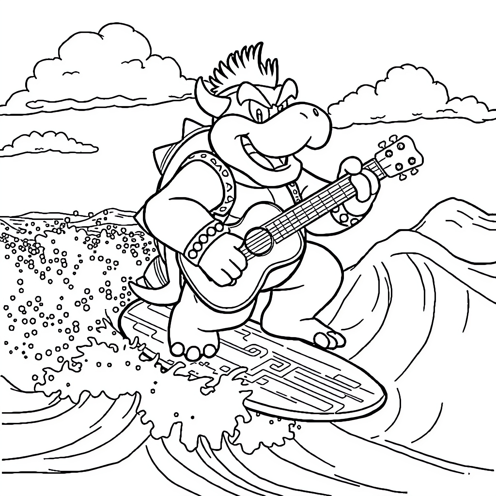 Bowser surfing and playing guitar on the waves Coloring Page (free black-and-white line drawing printable PDF for all, from beginners to advanced learners, including children, teens, adults, and seniors)