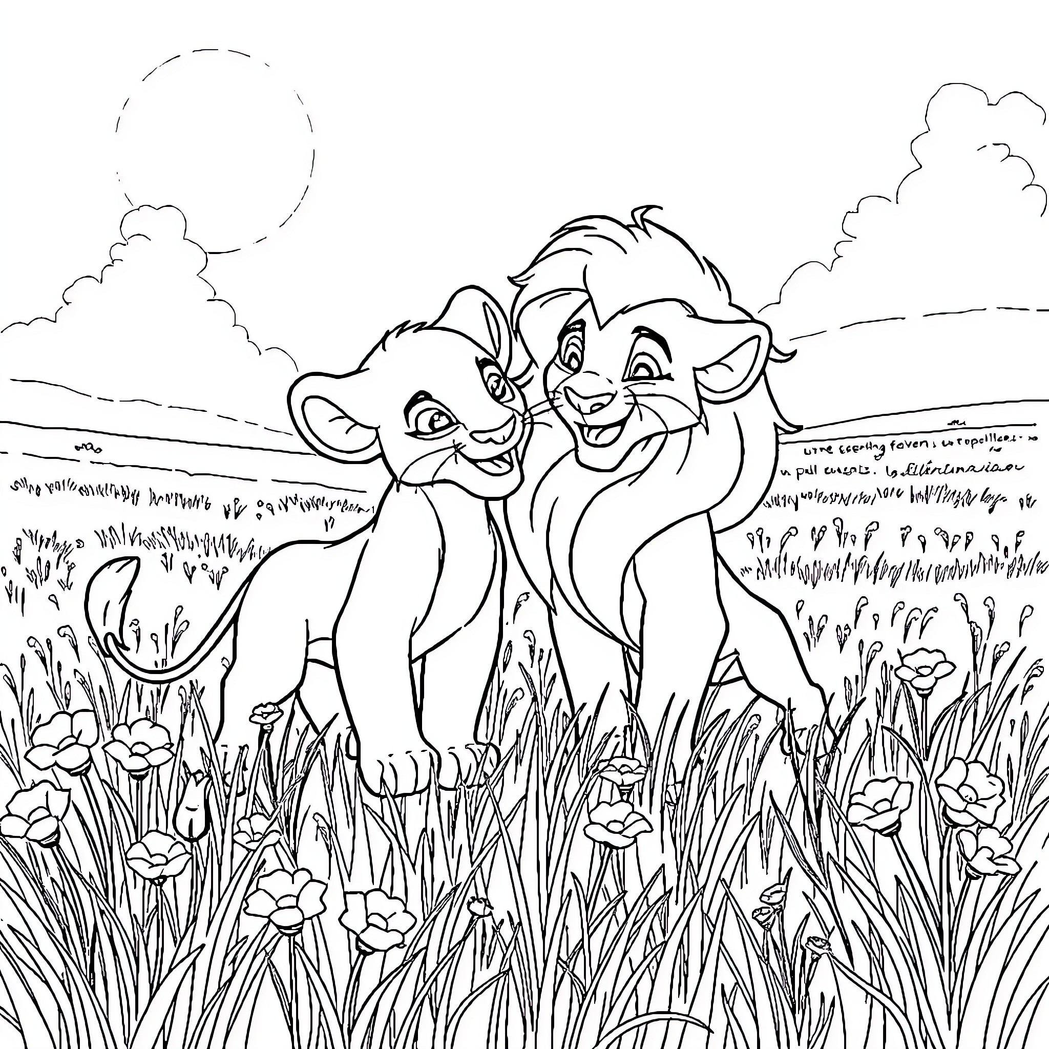 Simba and Nala playing in the grasslands Coloring Page (free black-and-white line drawing printable PDF for all, from beginners to advanced learners, including children, teens, adults, and seniors)