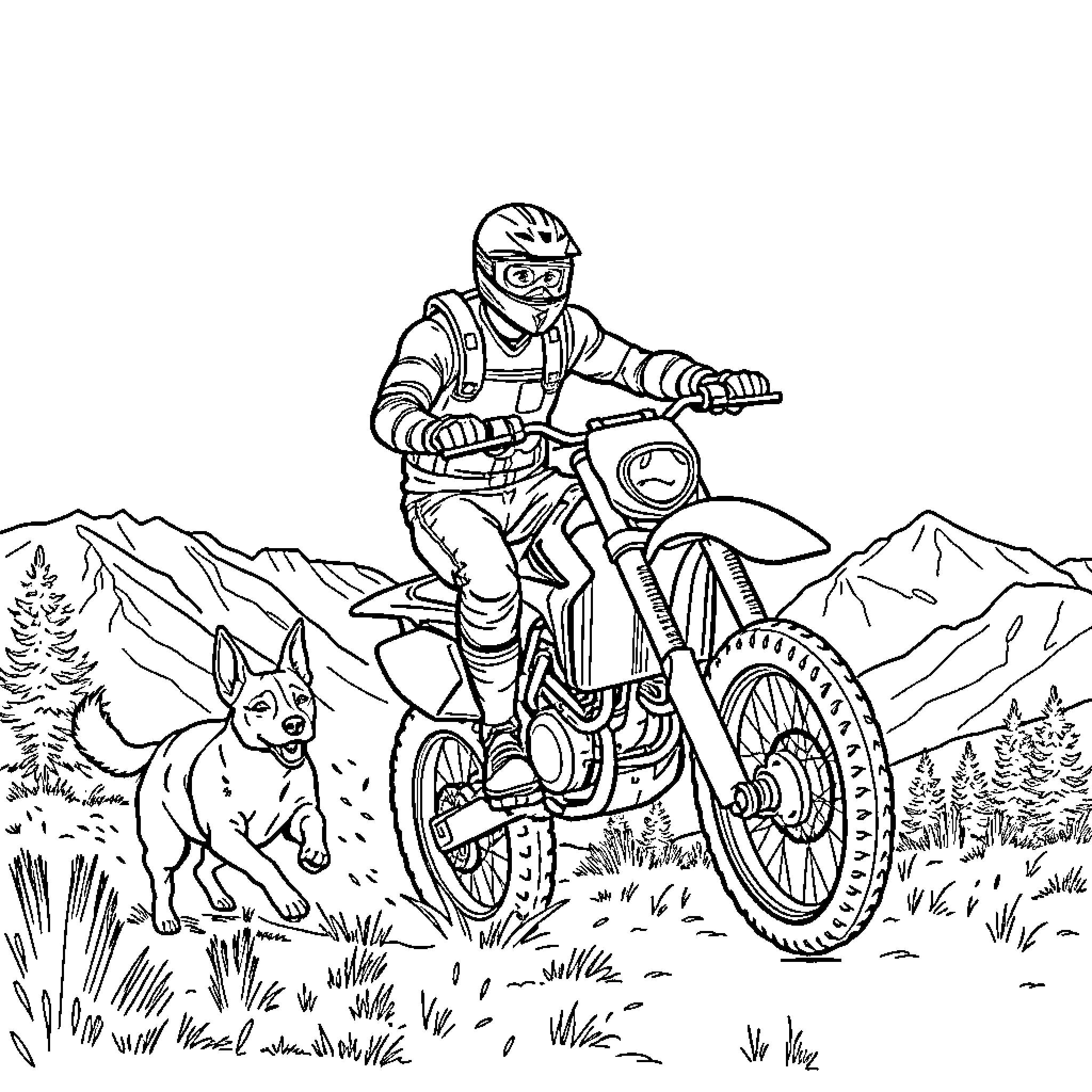 Man Riding Motorcycle with Dog in Mountain Landscape Coloring Page (free black-and-white line drawing printable PDF for all, from beginners to advanced learners, including children, teens, adults, and seniors)