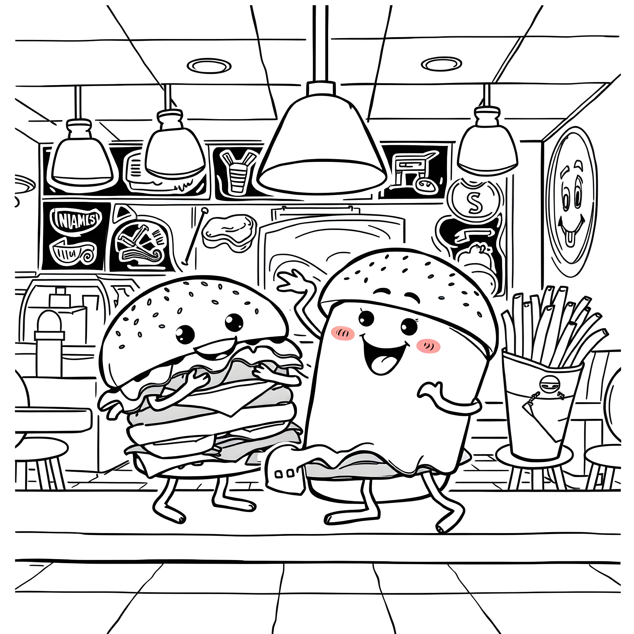 Burger characters enjoying their fast food meal Coloring Page (free black-and-white line drawing printable PDF for all, from beginners to advanced learners, including children, teens, adults, and seniors)