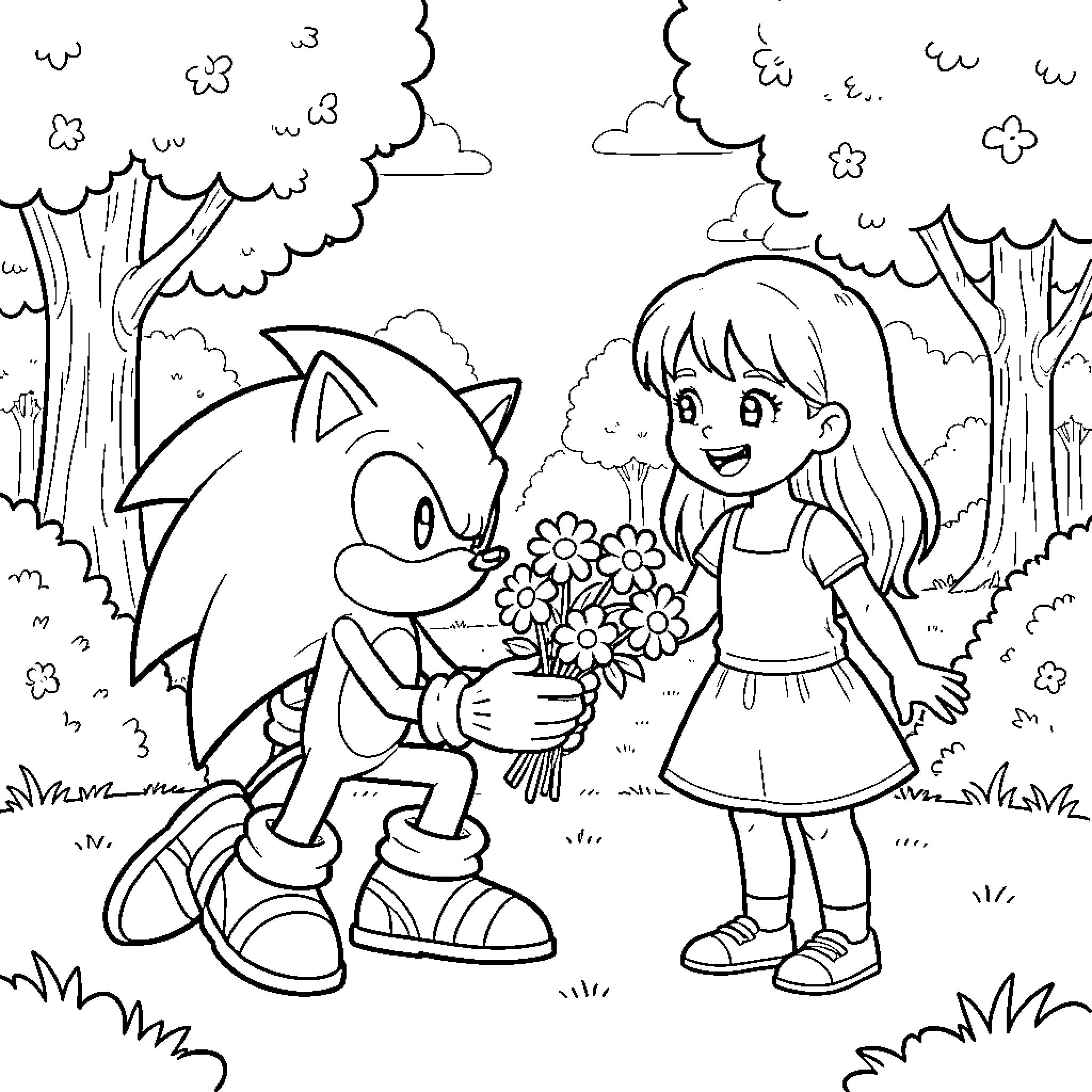 Sonic and the Girl with Flowers in the Woods Coloring Page (free black-and-white line drawing printable PDF for all, from beginners to advanced learners, including children, teens, adults, and seniors)