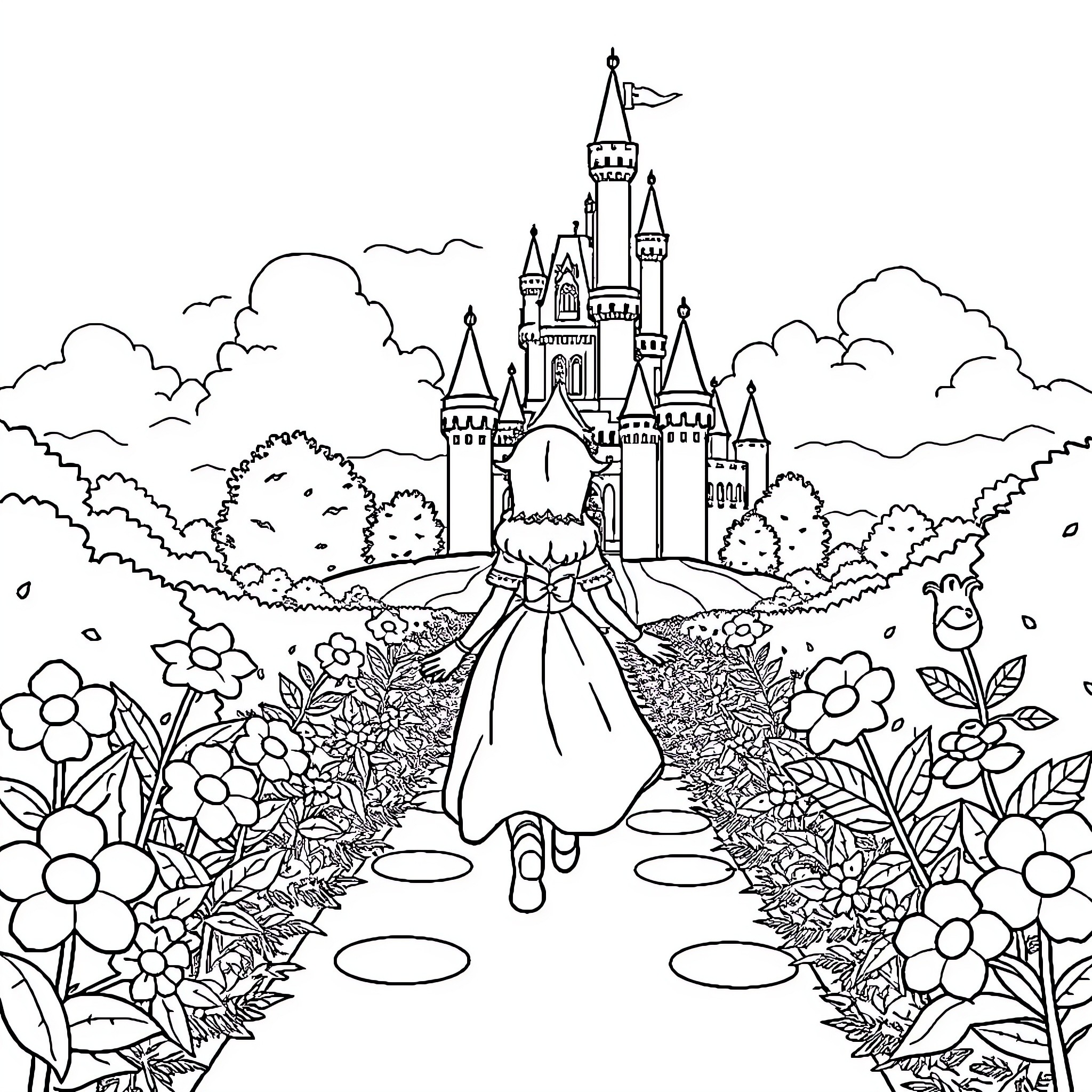 Princess in a castle garden Coloring Page (free black-and-white line drawing printable PDF for all, from beginners to advanced learners, including children, teens, adults, and seniors)