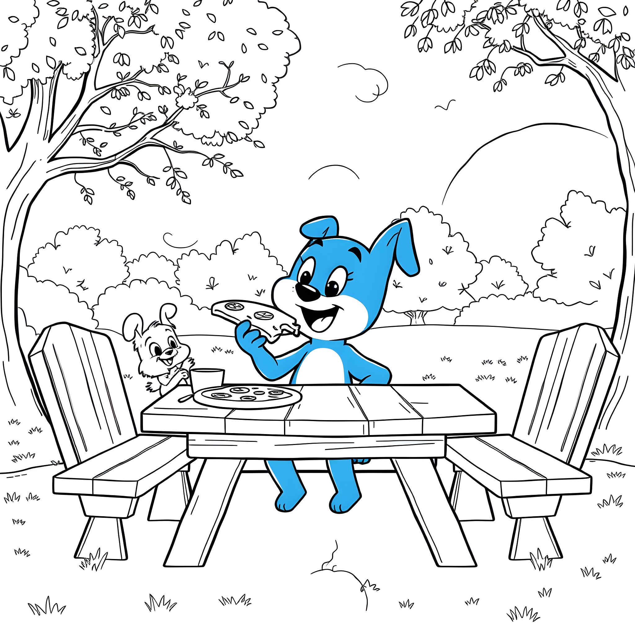 Bluey and friends having a picnic in the park Coloring Page (free black-and-white line drawing printable PDF for all, from beginners to advanced learners, including children, teens, adults, and seniors)
