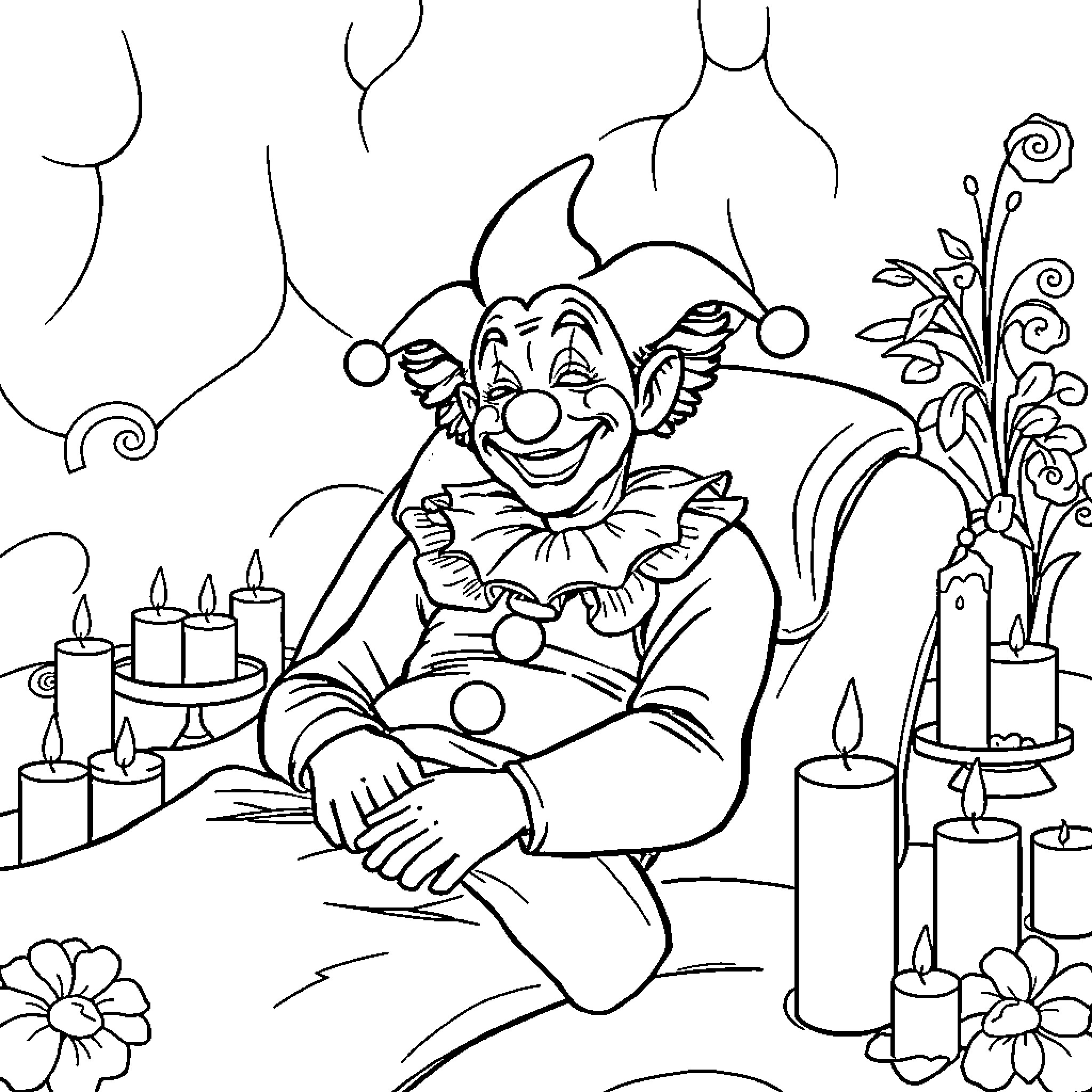 Art of an Entertainer Clown Surrounded by Candles and Flowers Coloring Page (free black-and-white line drawing printable PDF for all, from beginners to advanced learners, including children, teens, adults, and seniors)