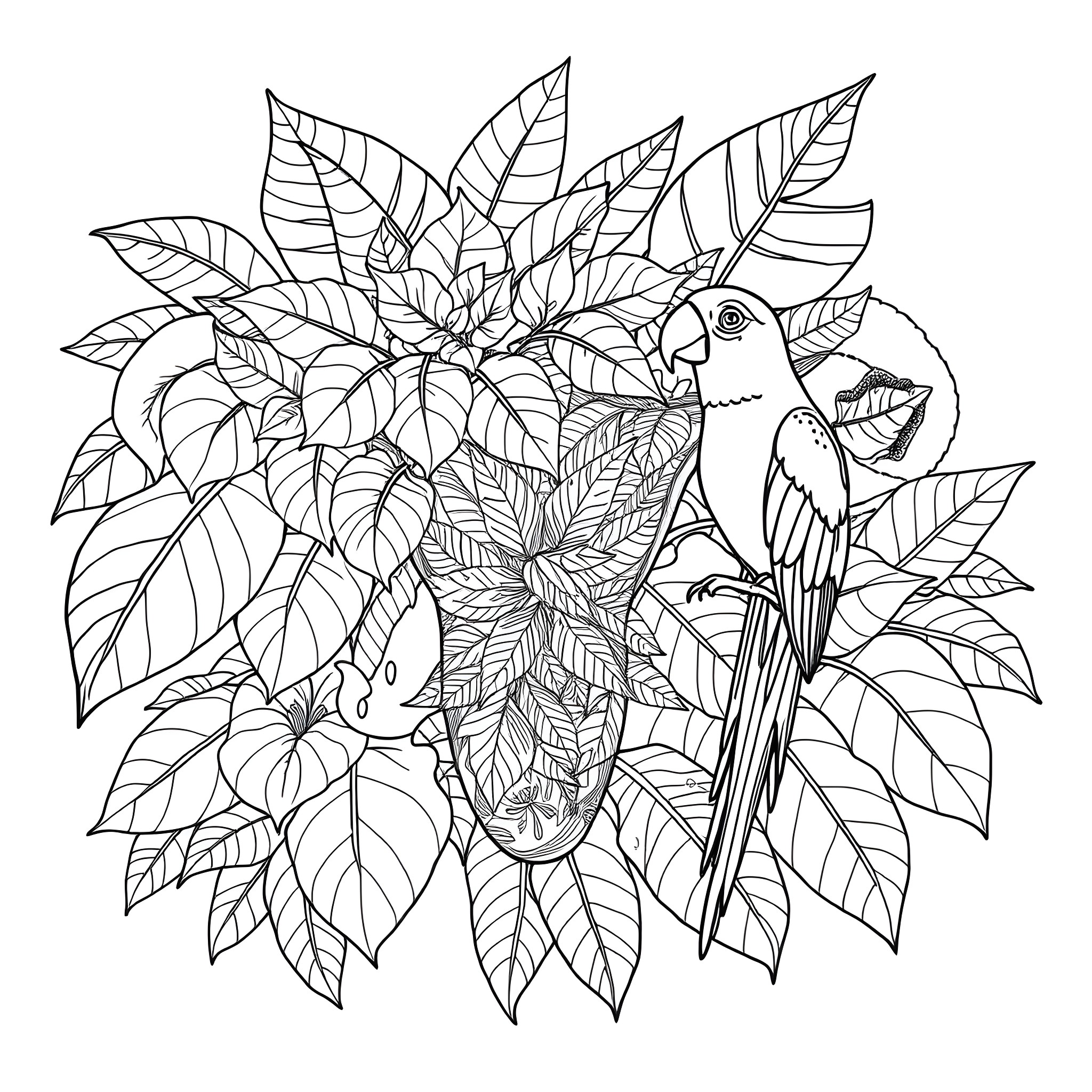 Uterus filled with intricate leaf patterns and birds Coloring Page (free black-and-white line drawing printable PDF for all, from beginners to advanced learners, including children, teens, adults, and seniors)