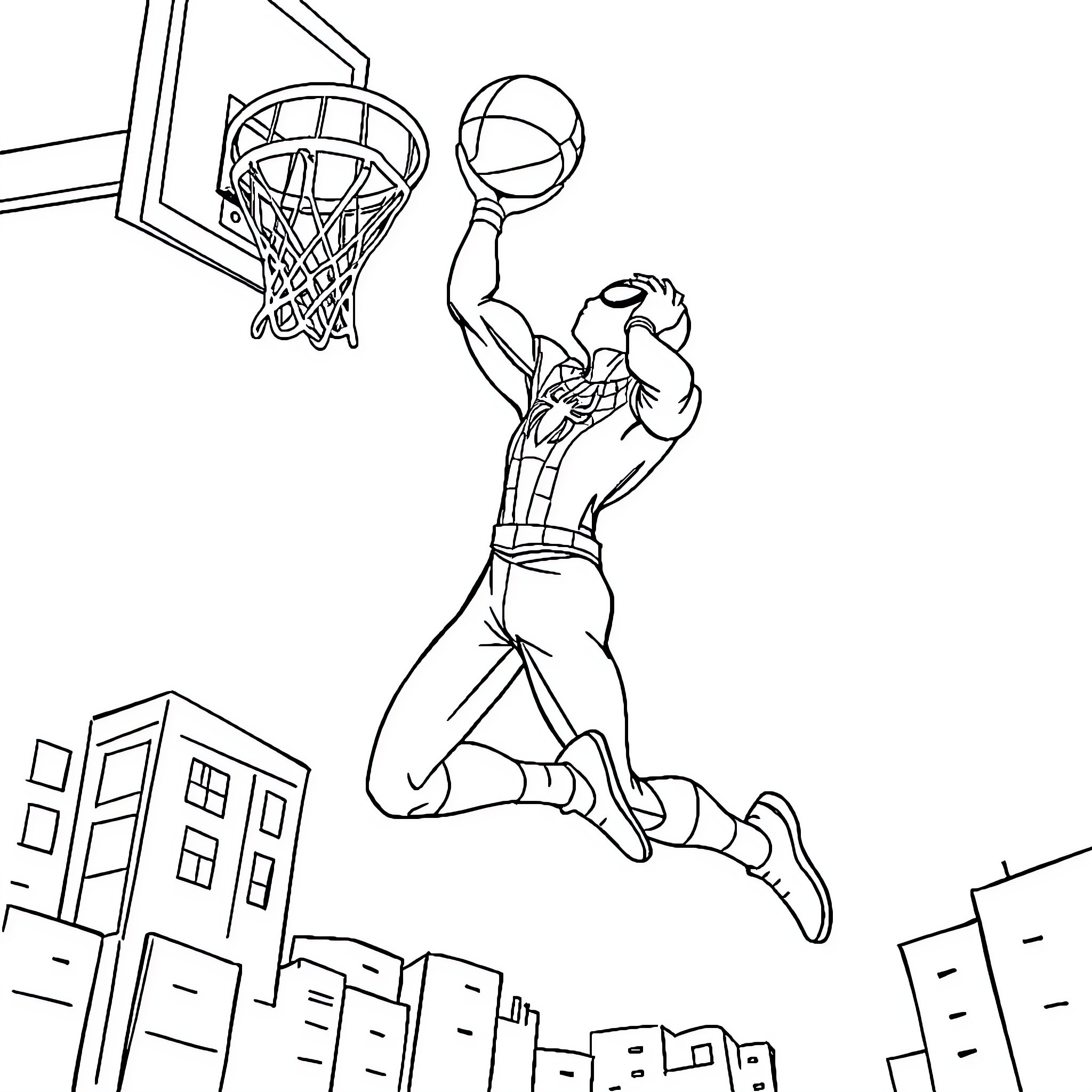 Spiderman leaping for a slam dunk on the basketball court Coloring Page (free black-and-white line drawing printable PDF for all, from beginners to advanced learners, including children, teens, adults, and seniors)