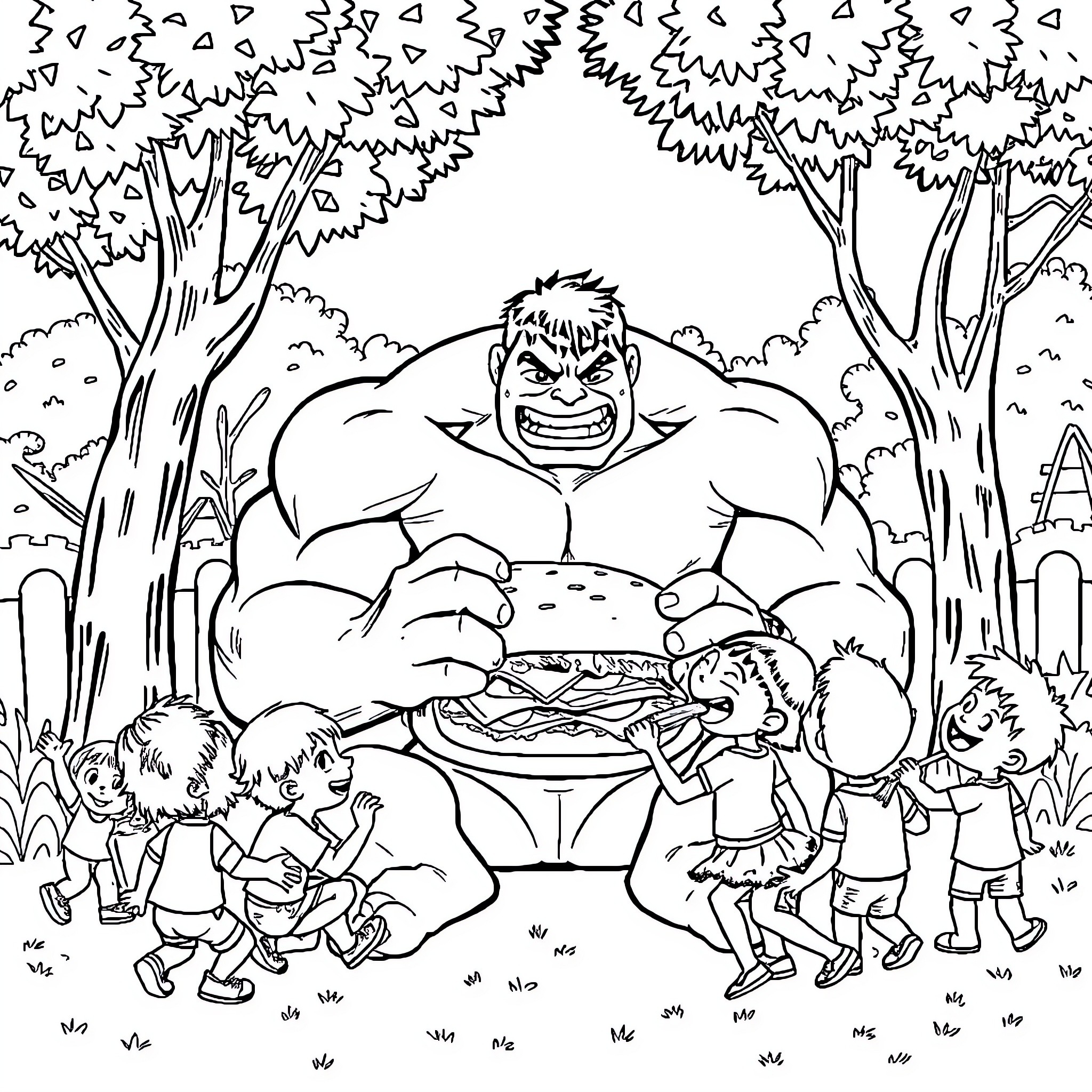 Hulk entertaining children in the forest Coloring Page (free black-and-white line drawing printable PDF for all, from beginners to advanced learners, including children, teens, adults, and seniors)