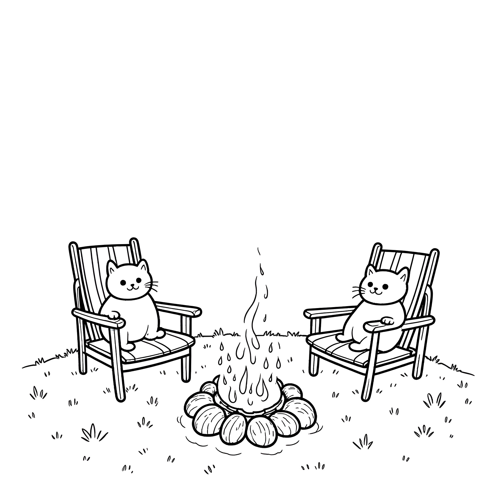 Cats relaxing by campfire outdoors Coloring Page (free black-and-white line drawing printable PDF for all, from beginners to advanced learners, including children, teens, adults, and seniors)