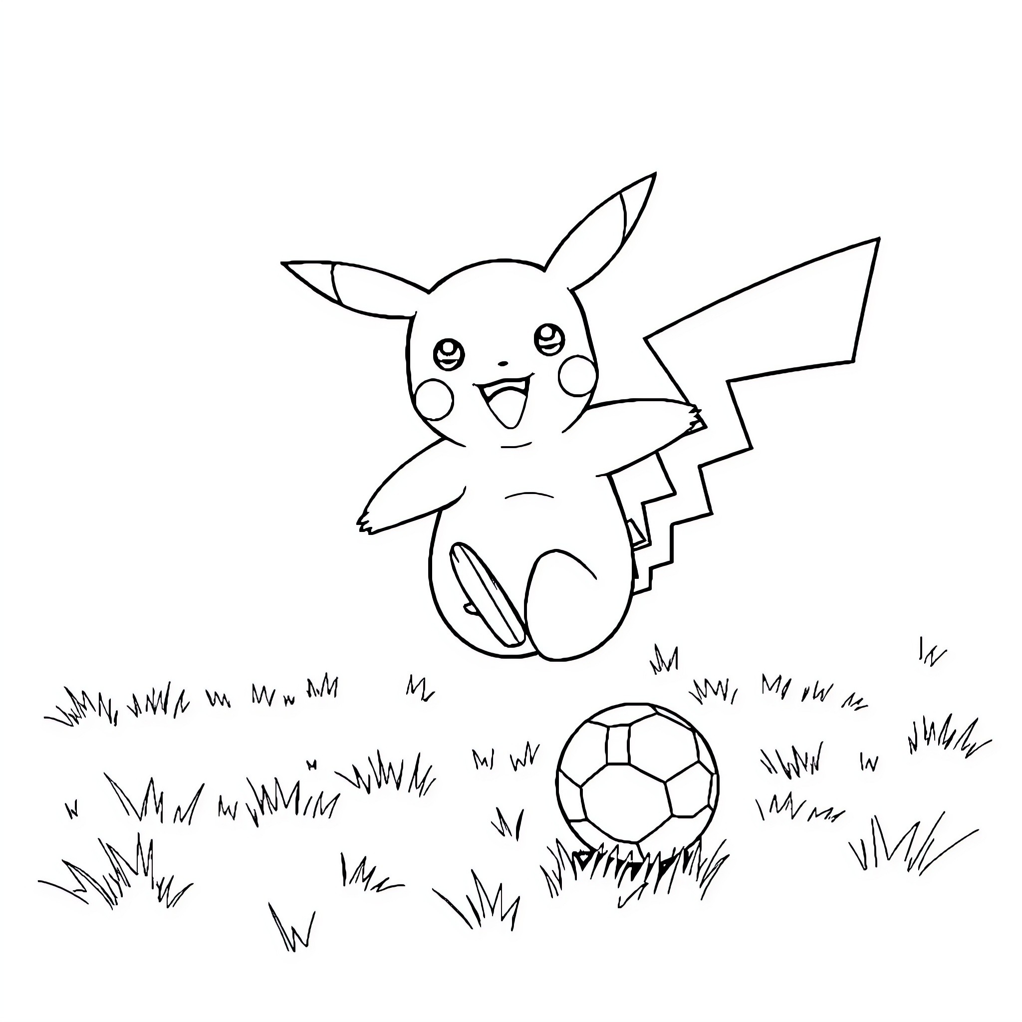 Pikachu playing with a soccer ball in the grass Coloring Page (free black-and-white line drawing printable PDF for all, from beginners to advanced learners, including children, teens, adults, and seniors)