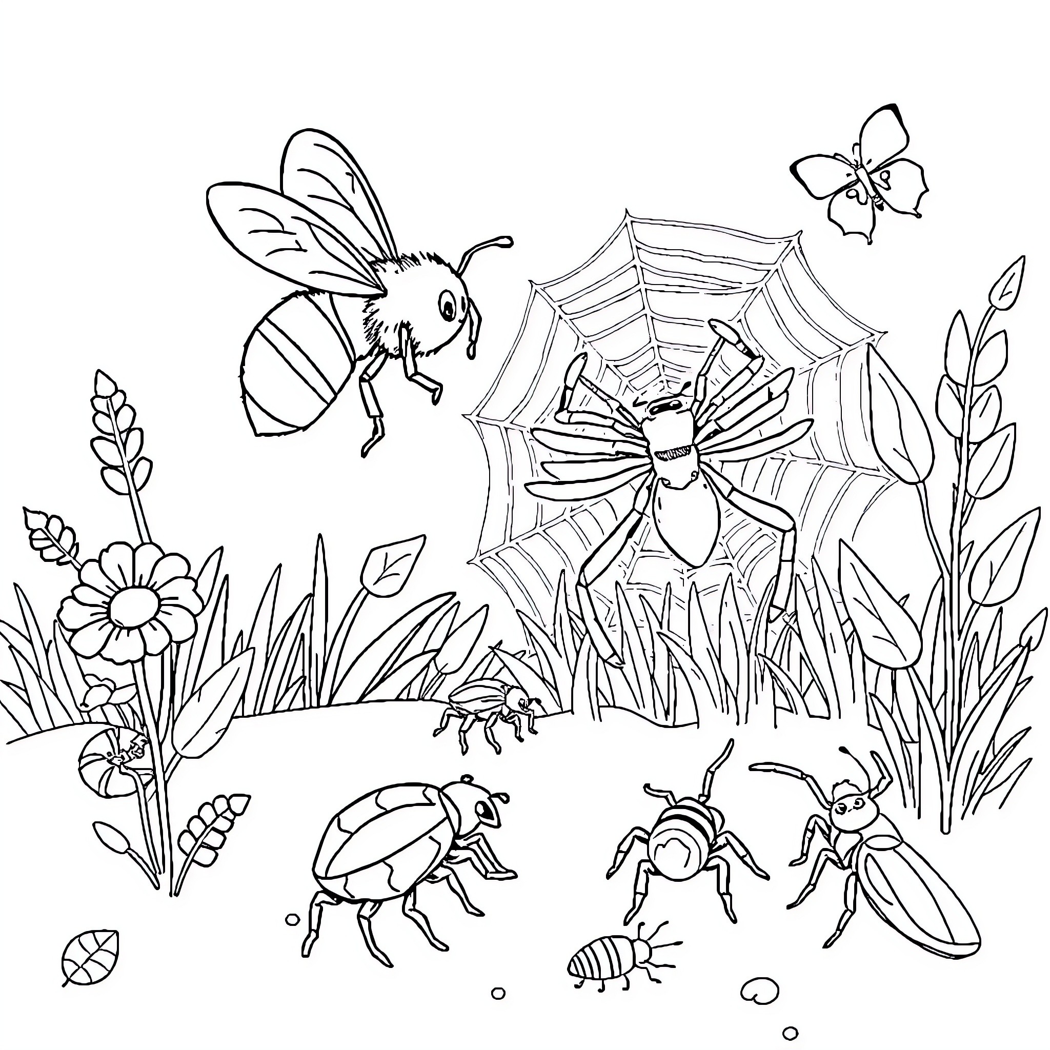 Bug friends exploring the garden Coloring Page (free black-and-white line drawing printable PDF for all, from beginners to advanced learners, including children, teens, adults, and seniors)