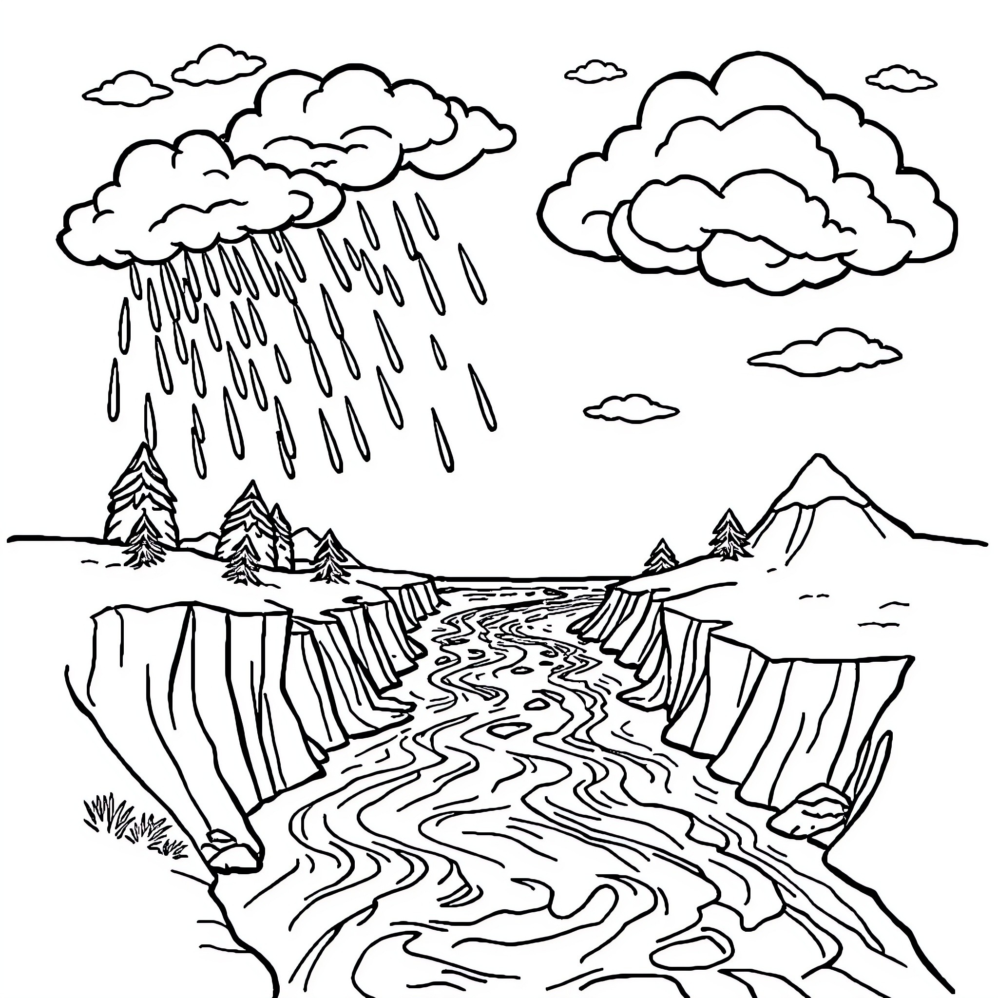 Water Cycle in Rainy Mountain Landscape Coloring Page (free black-and-white line drawing printable PDF for all, from beginners to advanced learners, including children, teens, adults, and seniors)