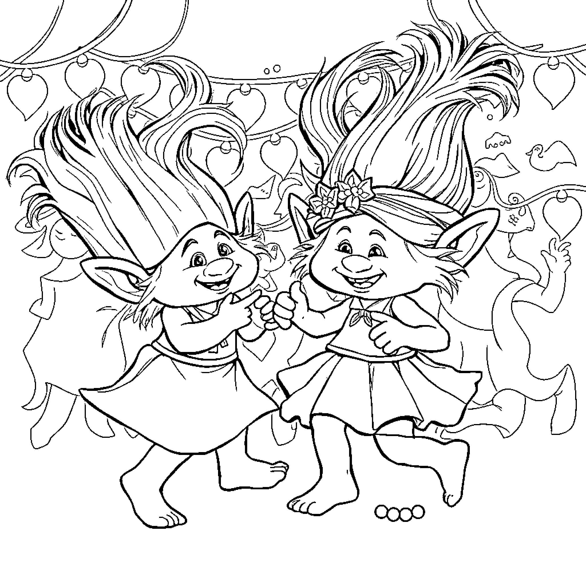 Troll characters in a whimsical fantasy scene Coloring Page (free black-and-white line drawing printable PDF for all, from beginners to advanced learners, including children, teens, adults, and seniors)