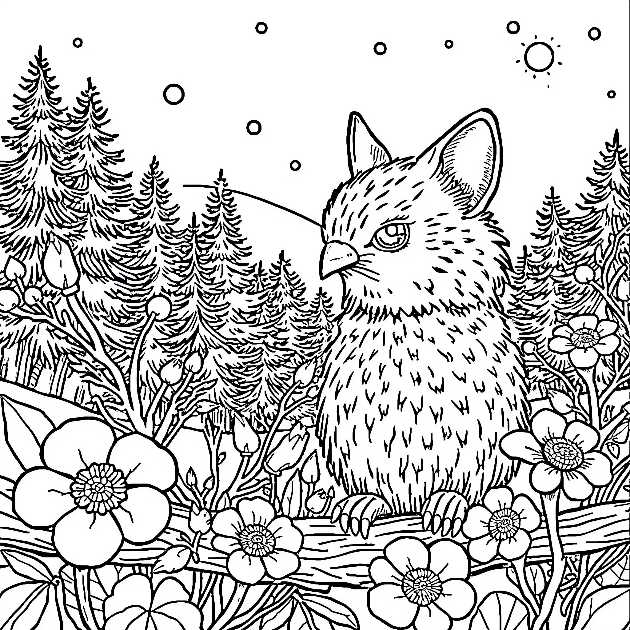 Noga the Curious Forest Owl Coloring Page (free black-and-white line drawing printable PDF for all, from beginners to advanced learners, including children, teens, adults, and seniors)