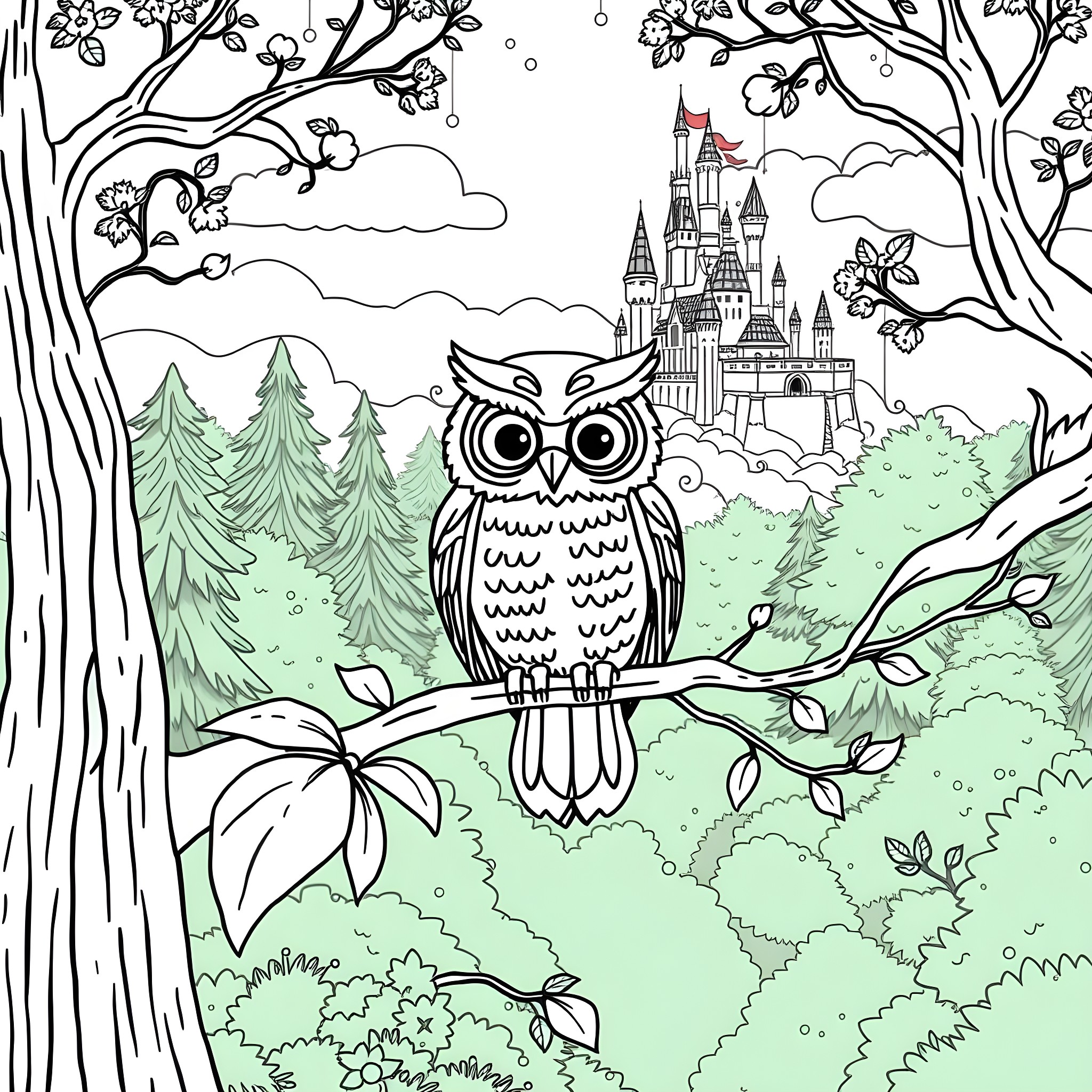 Owl watching over a magical castle in the forest Coloring Page (free black-and-white line drawing printable PDF for all, from beginners to advanced learners, including children, teens, adults, and seniors)