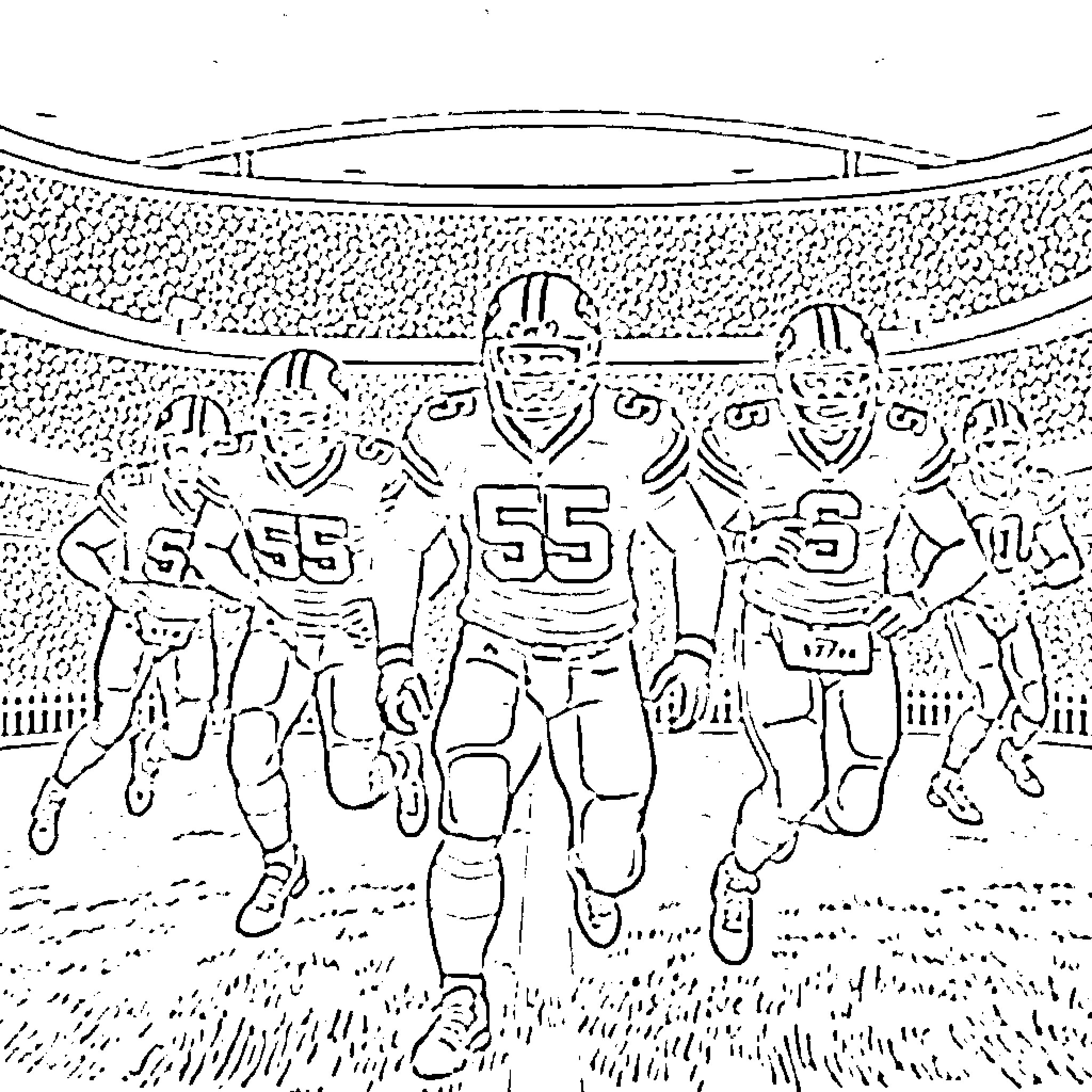 49ers football players running onto the field Coloring Page (free black-and-white line drawing printable PDF for all, from beginners to advanced learners, including children, teens, adults, and seniors)