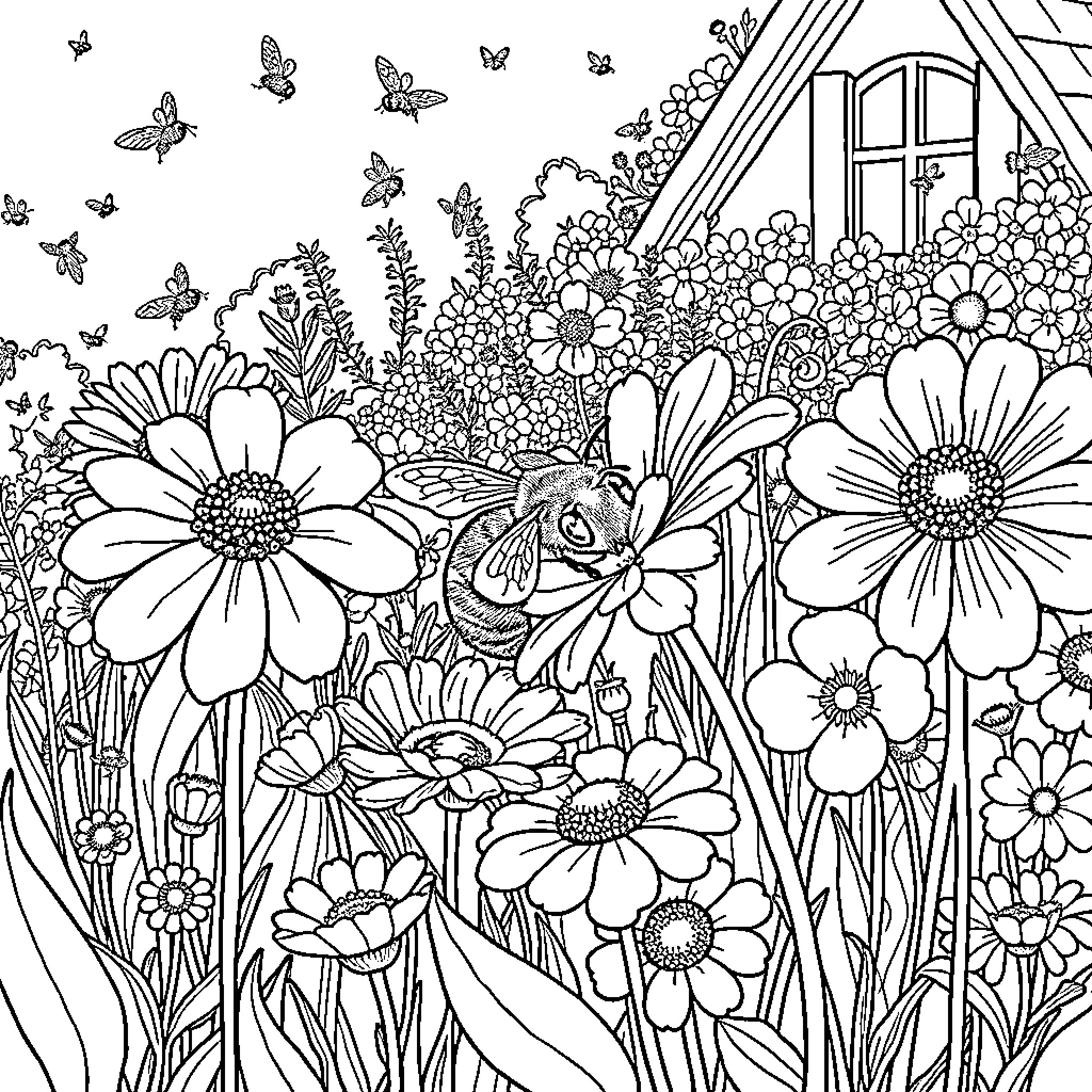 Bee exploring a vibrant floral garden Coloring Page (free black-and-white line drawing printable PDF for all, from beginners to advanced learners, including children, teens, adults, and seniors)