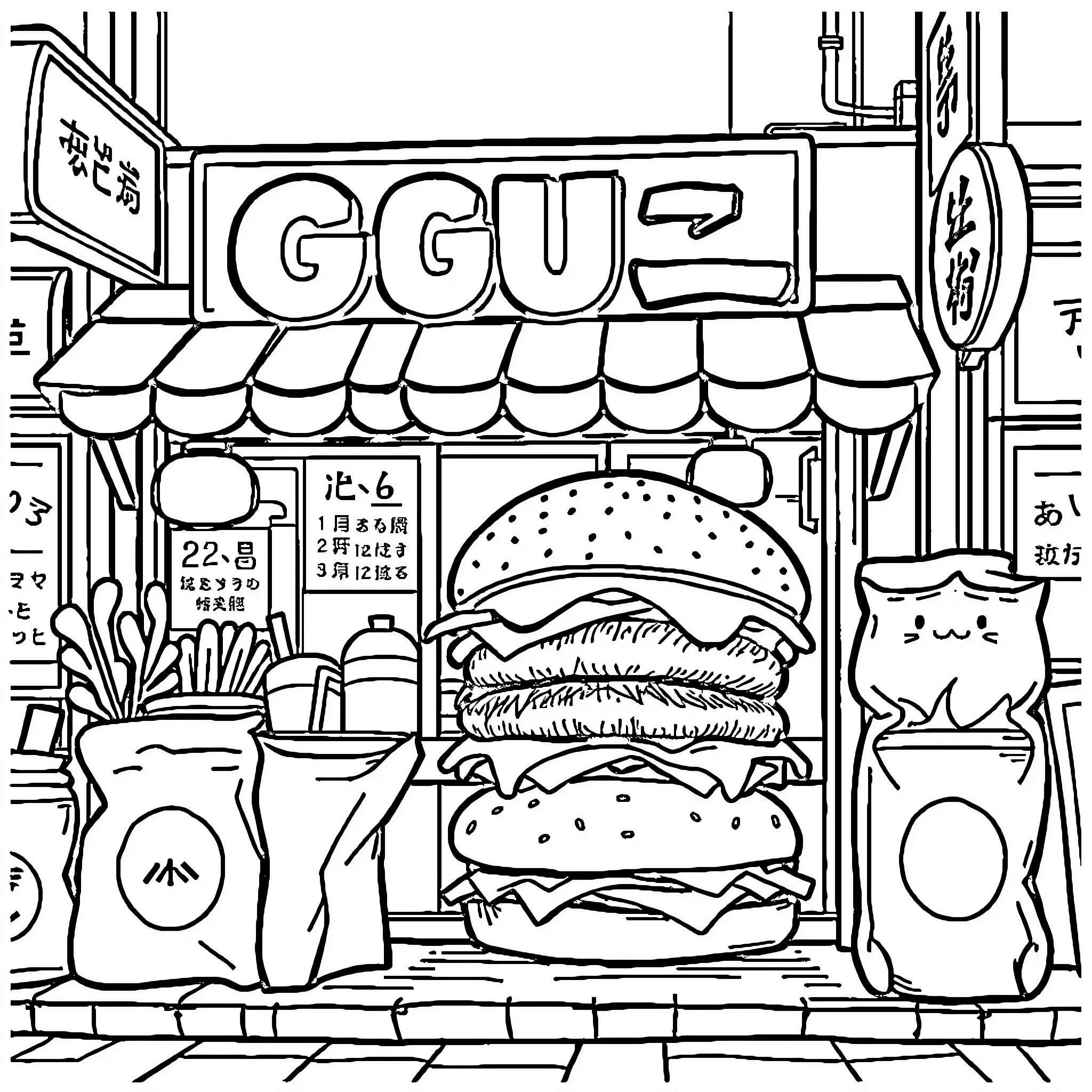 Burger shop storefront with food and signage Coloring Page (free black-and-white line drawing printable PDF for all, from beginners to advanced learners, including children, teens, adults, and seniors)