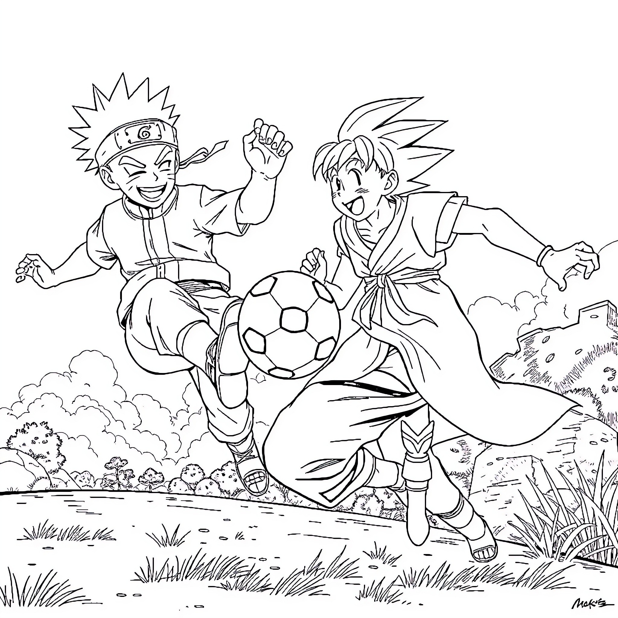 Naruto and Goku in a Lively Soccer Match Coloring Page (free black-and-white line drawing printable PDF for all, from beginners to advanced learners, including children, teens, adults, and seniors)