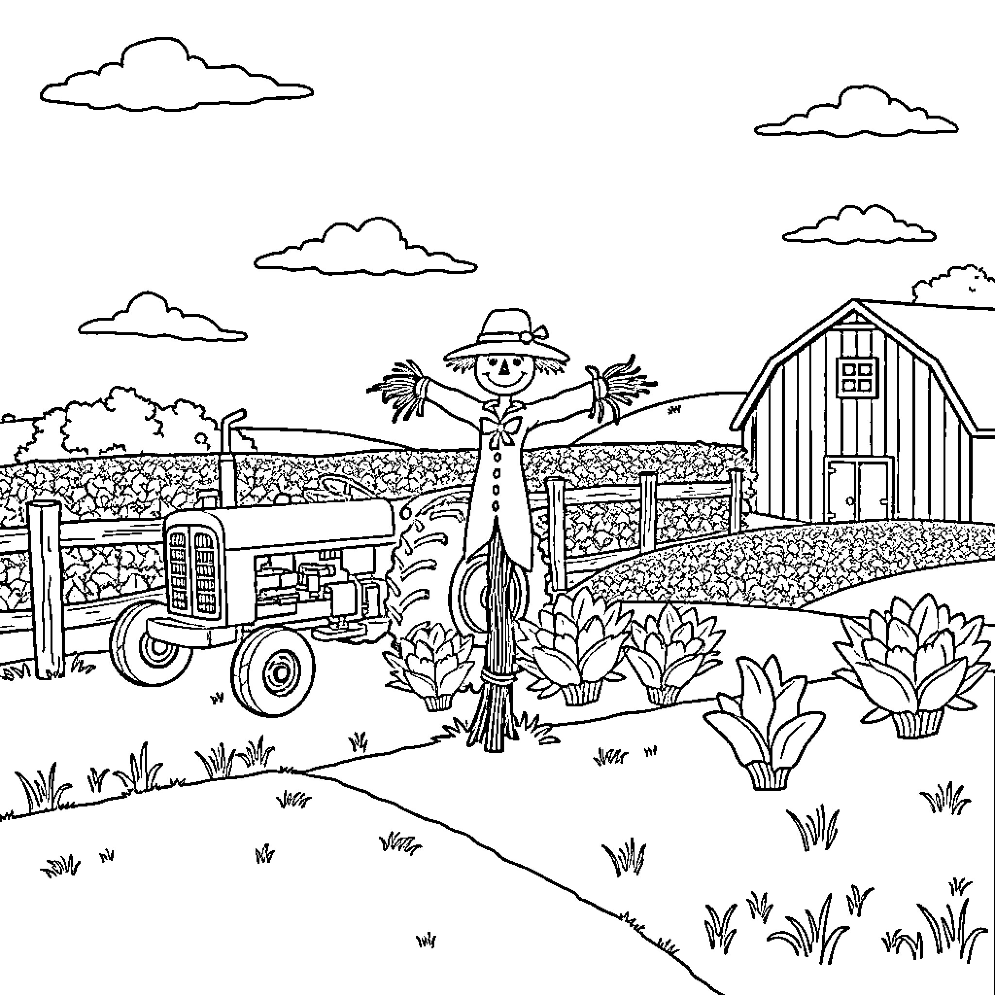Farm scene with scarecrow and barn Coloring Page (free black-and-white line drawing printable PDF for all, from beginners to advanced learners, including children, teens, adults, and seniors)