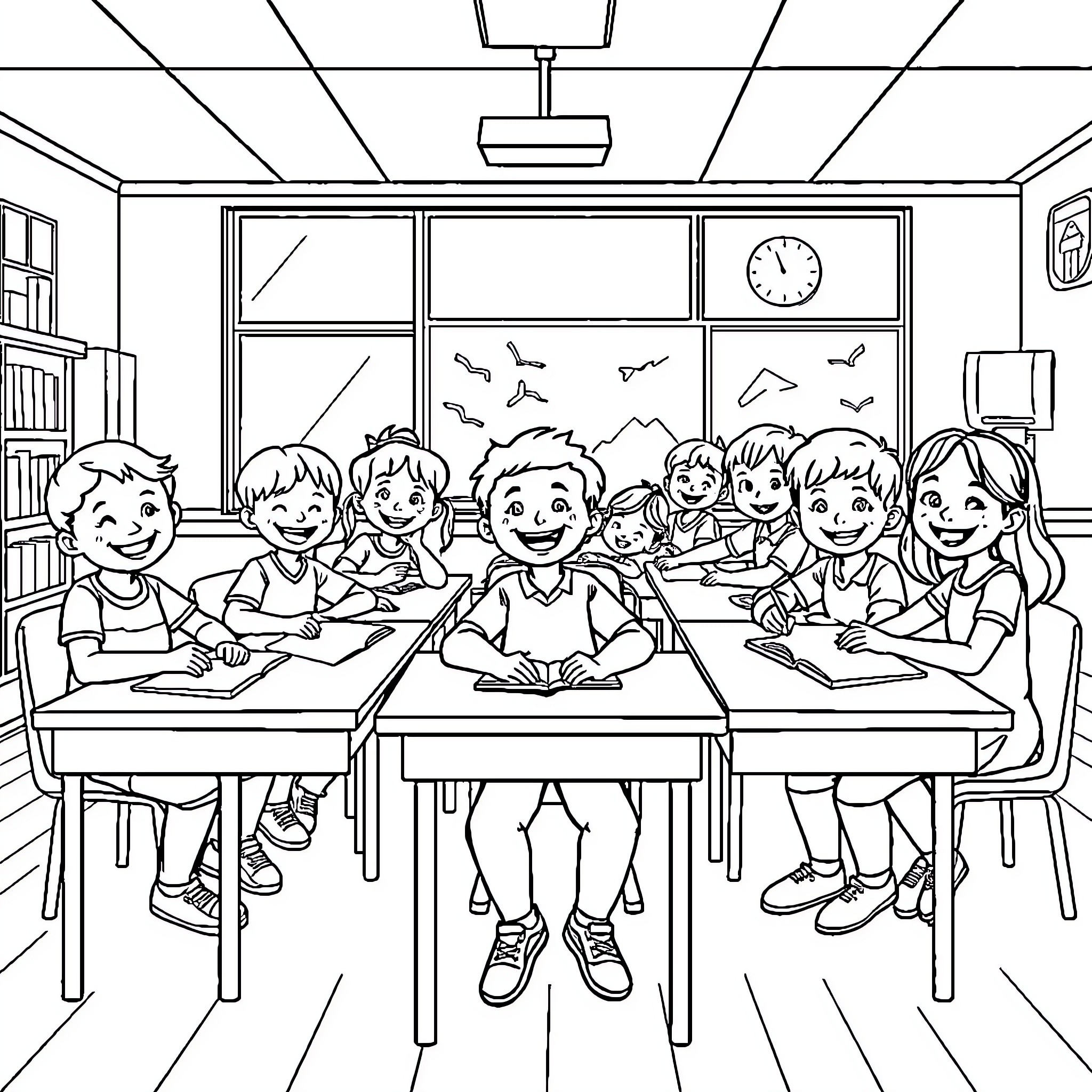 Students Working Diligently in Classroom Setting Coloring Page (free black-and-white line drawing printable PDF for all, from beginners to advanced learners, including children, teens, adults, and seniors)