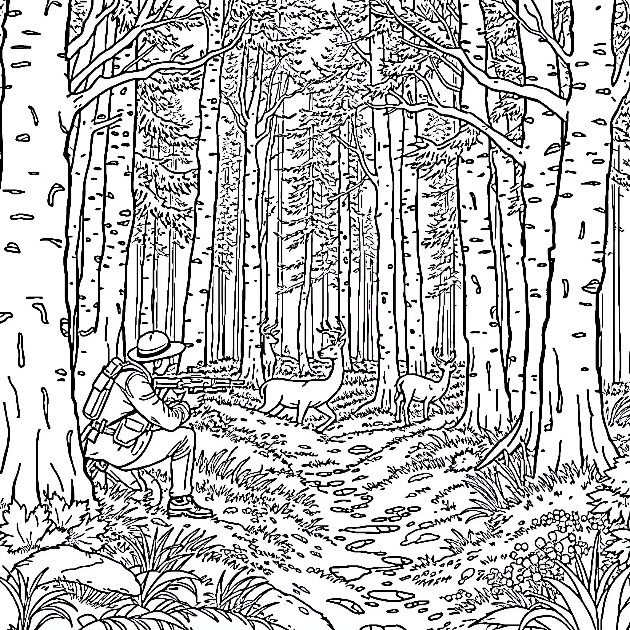 Deer exploring the enchanting forest Coloring Page (free black-and-white line drawing printable PDF for all, from beginners to advanced learners, including children, teens, adults, and seniors)