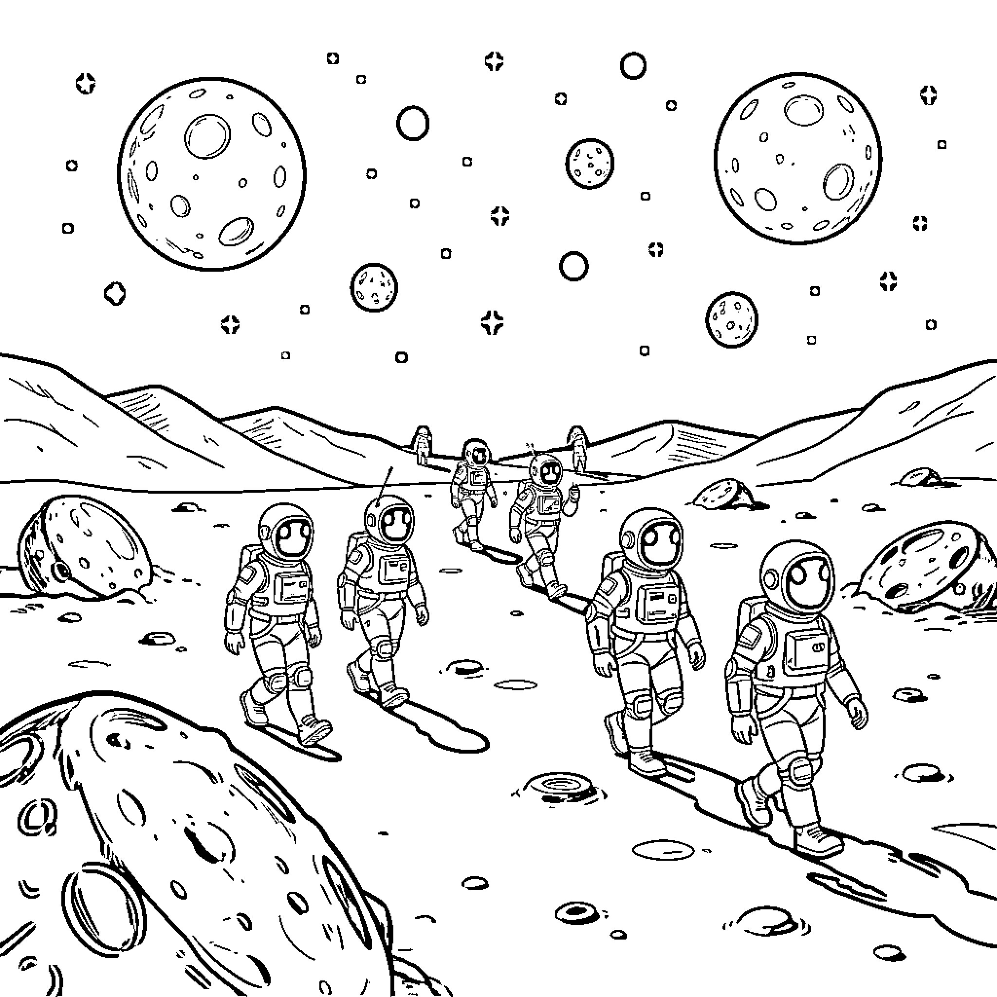 Alien astronauts walking across a desolate lunar surface Coloring Page (free black-and-white line drawing printable PDF for all, from beginners to advanced learners, including children, teens, adults, and seniors)