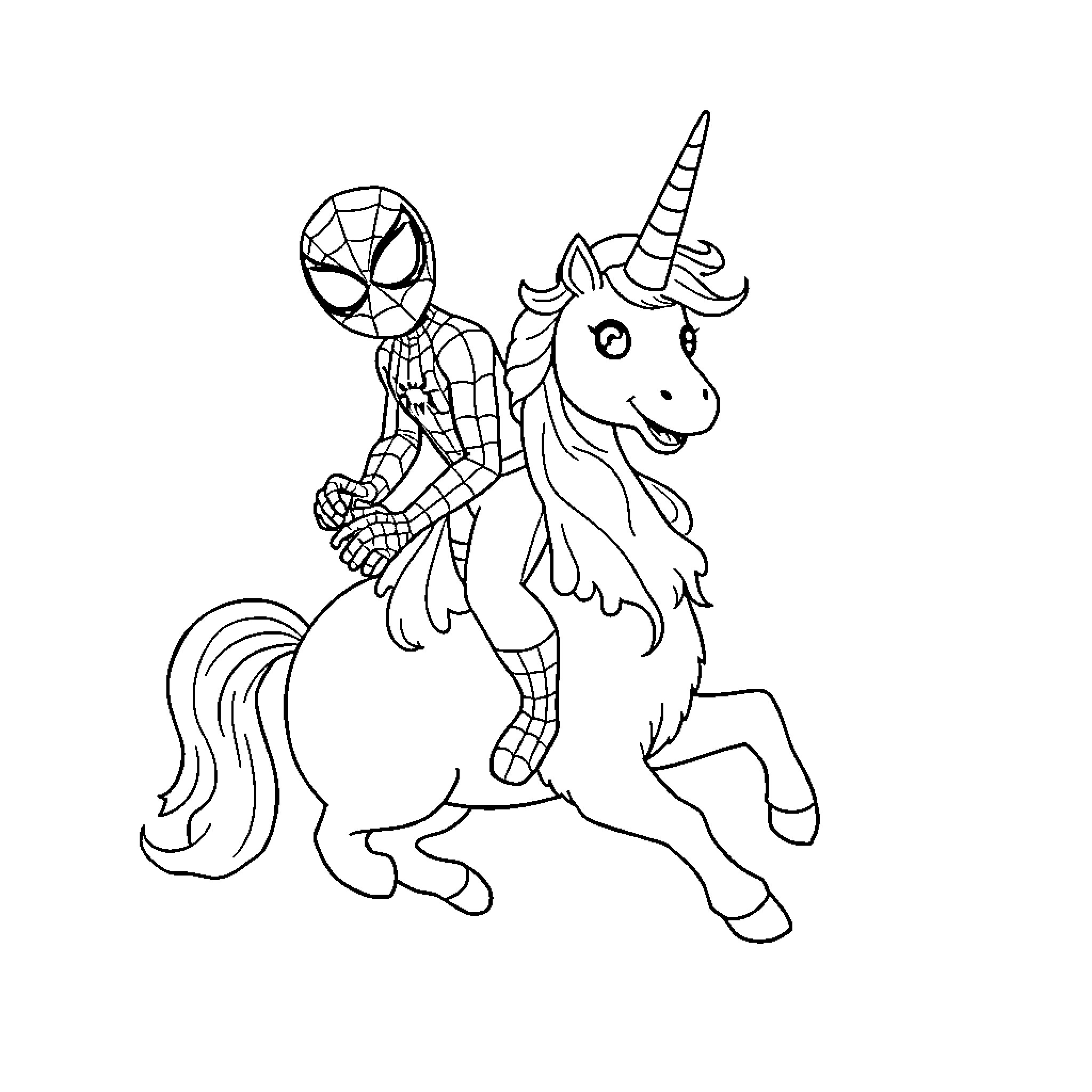 Spiderman riding a unicorn with webbing Coloring Page (free black-and-white line drawing printable PDF for all, from beginners to advanced learners, including children, teens, adults, and seniors)
