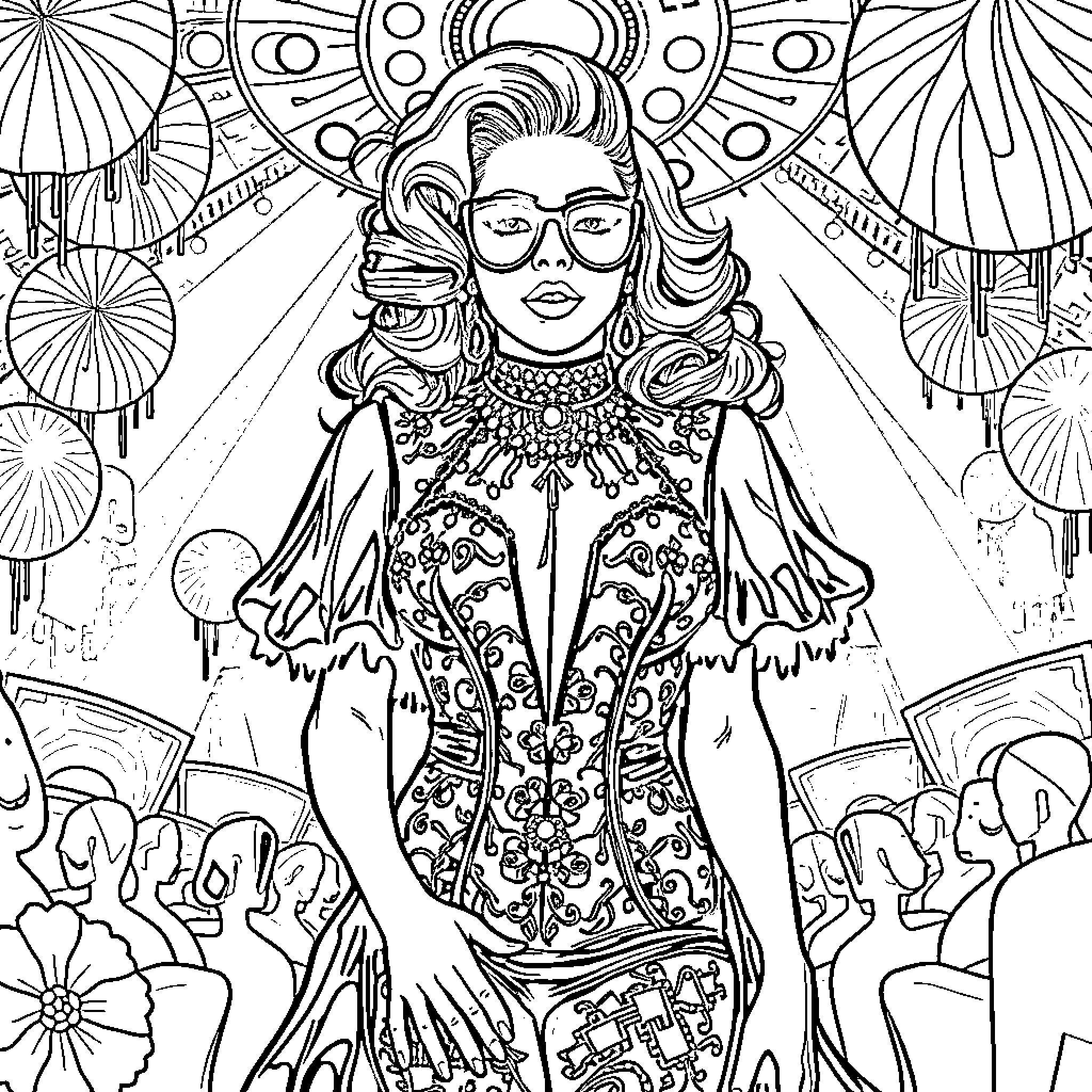 Lady Gaga's Dazzling Performance on the Stage Coloring Page (free black-and-white line drawing printable PDF for all, from beginners to advanced learners, including children, teens, adults, and seniors)