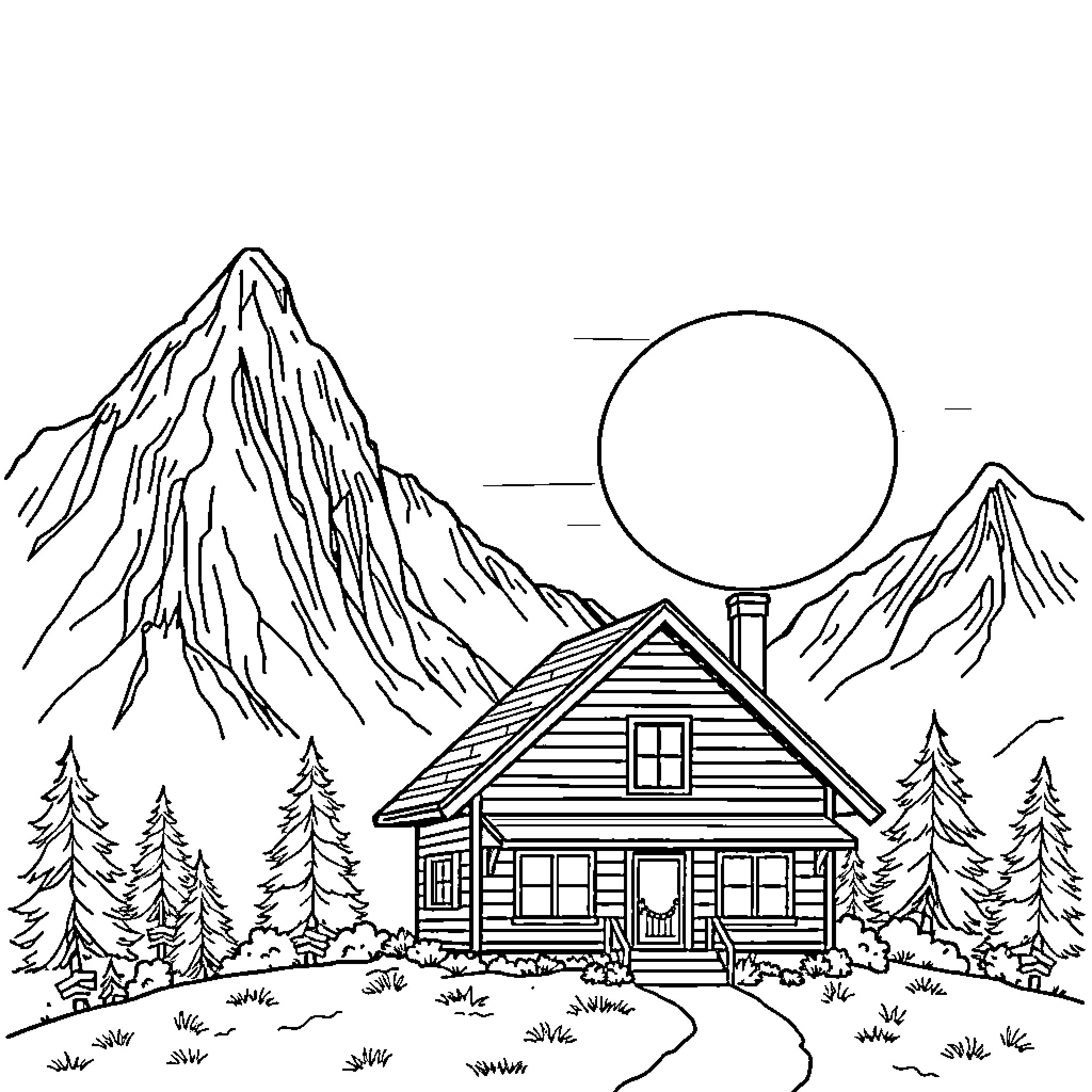 Mountain Cabin in Winter Wonderland Coloring Page (free black-and-white line drawing printable PDF for all, from beginners to advanced learners, including children, teens, adults, and seniors)