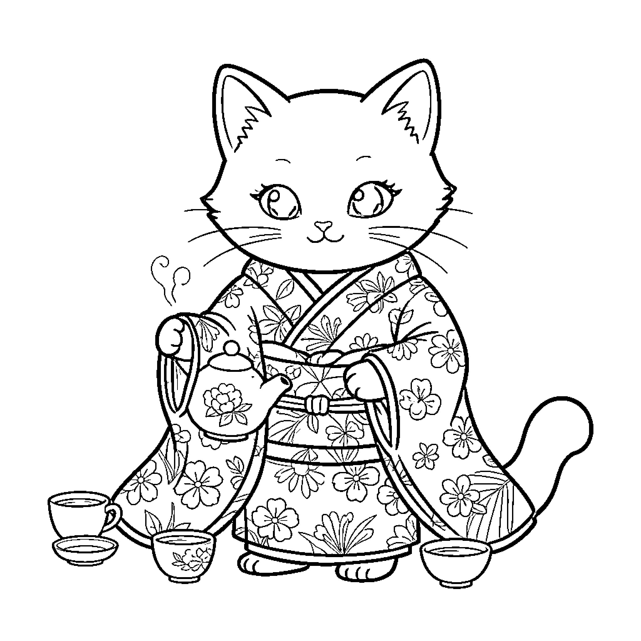Cat wearing traditional Japanese kimono Coloring Page (free black-and-white line drawing printable PDF for all, from beginners to advanced learners, including children, teens, adults, and seniors)