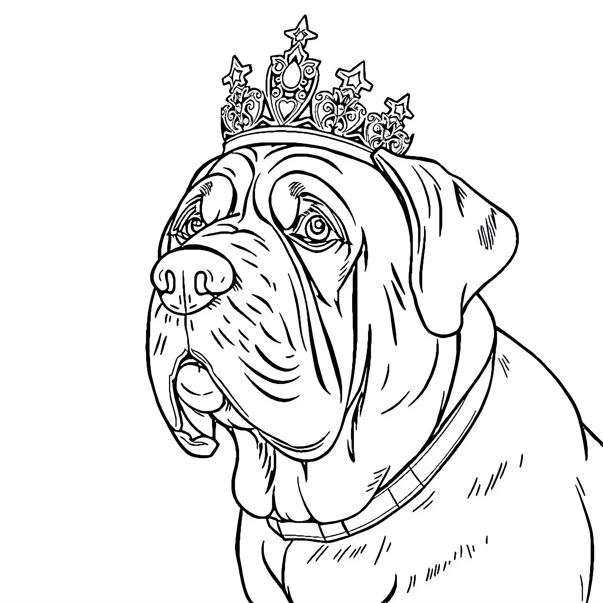 Mastiff wearing a whimsical crown Coloring Page (free black-and-white line drawing printable PDF for all, from beginners to advanced learners, including children, teens, adults, and seniors)