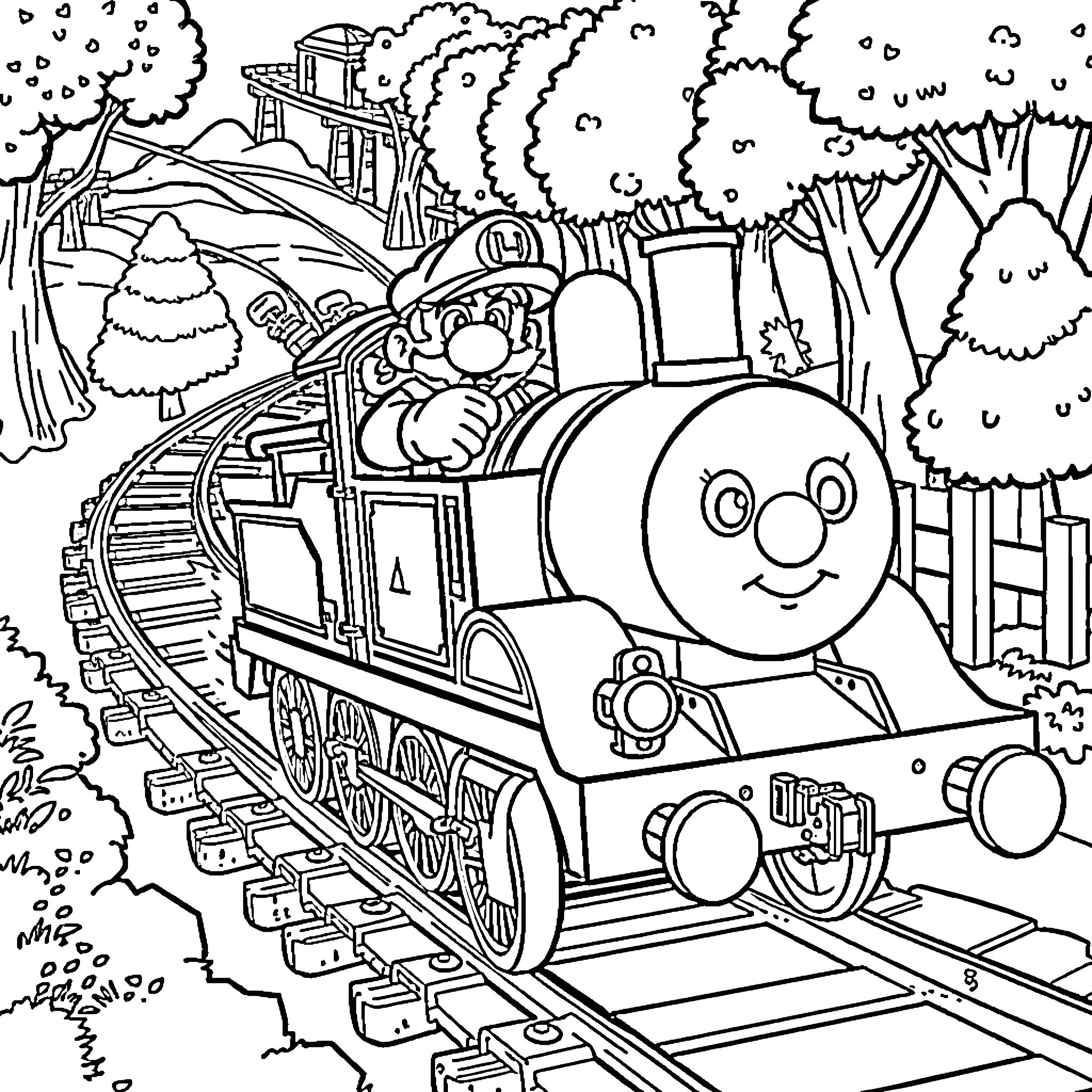 Wario's Whimsical Train Adventure Coloring Page (free black-and-white line drawing printable PDF for all, from beginners to advanced learners, including children, teens, adults, and seniors)