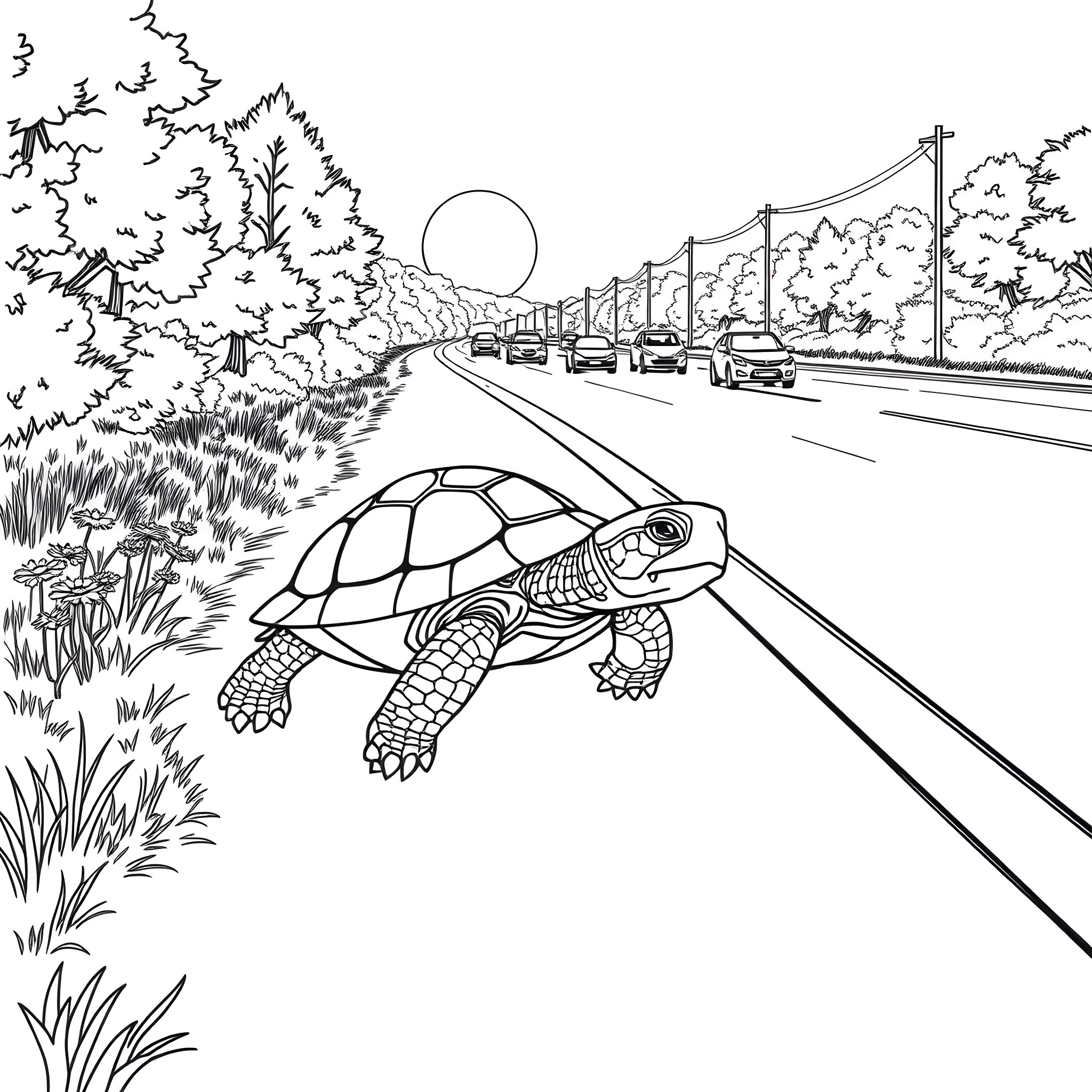 Turtle crossing the road in a scenic landscape Coloring Page (free black-and-white line drawing printable PDF for all, from beginners to advanced learners, including children, teens, adults, and seniors)