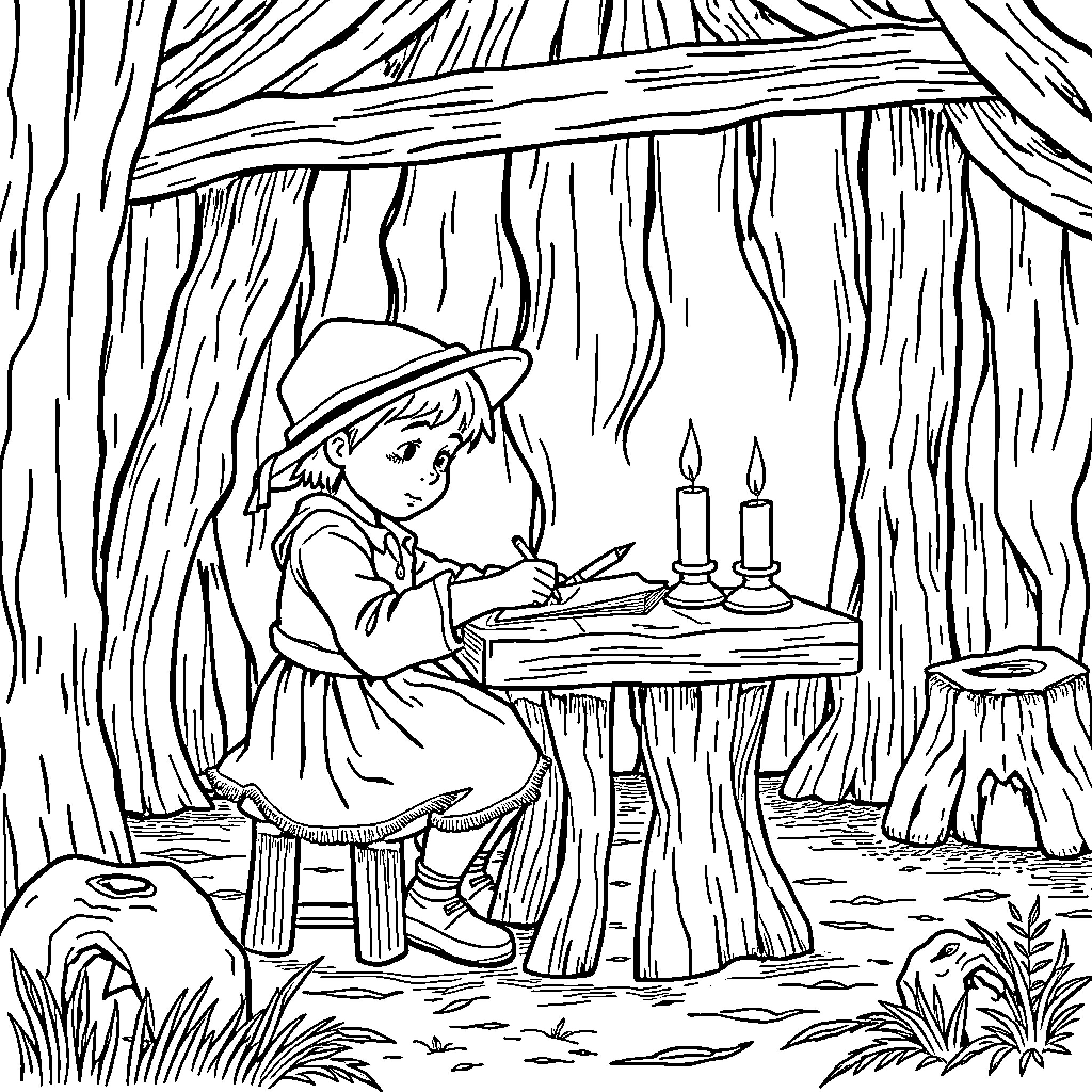 Child Studying Intently in Rustic Forest Setting Coloring Page (free black-and-white line drawing printable PDF for all, from beginners to advanced learners, including children, teens, adults, and seniors)