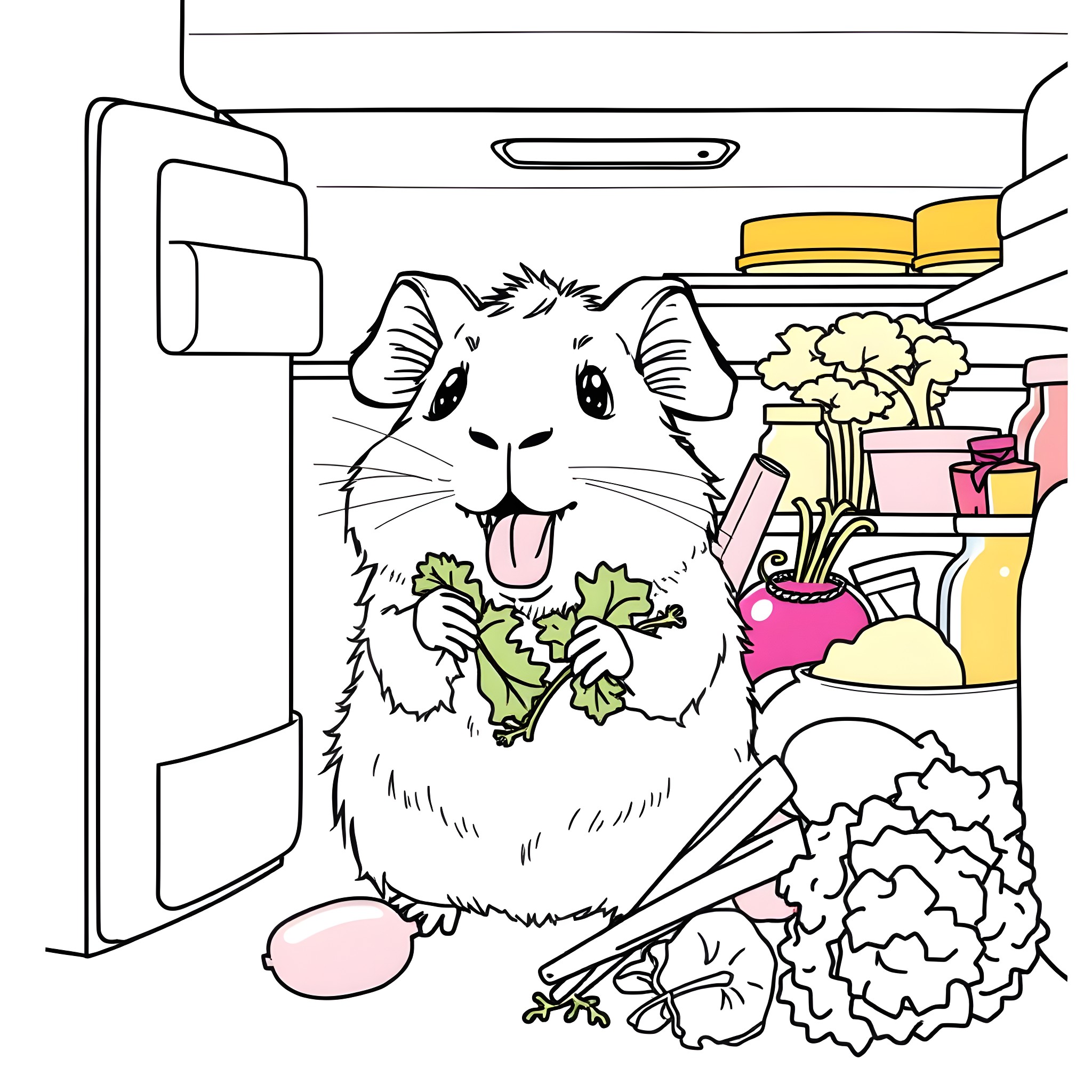 Guinea Pig Enjoying a Snack in the Fridge Coloring Page (free black-and-white line drawing printable PDF for all, from beginners to advanced learners, including children, teens, adults, and seniors)