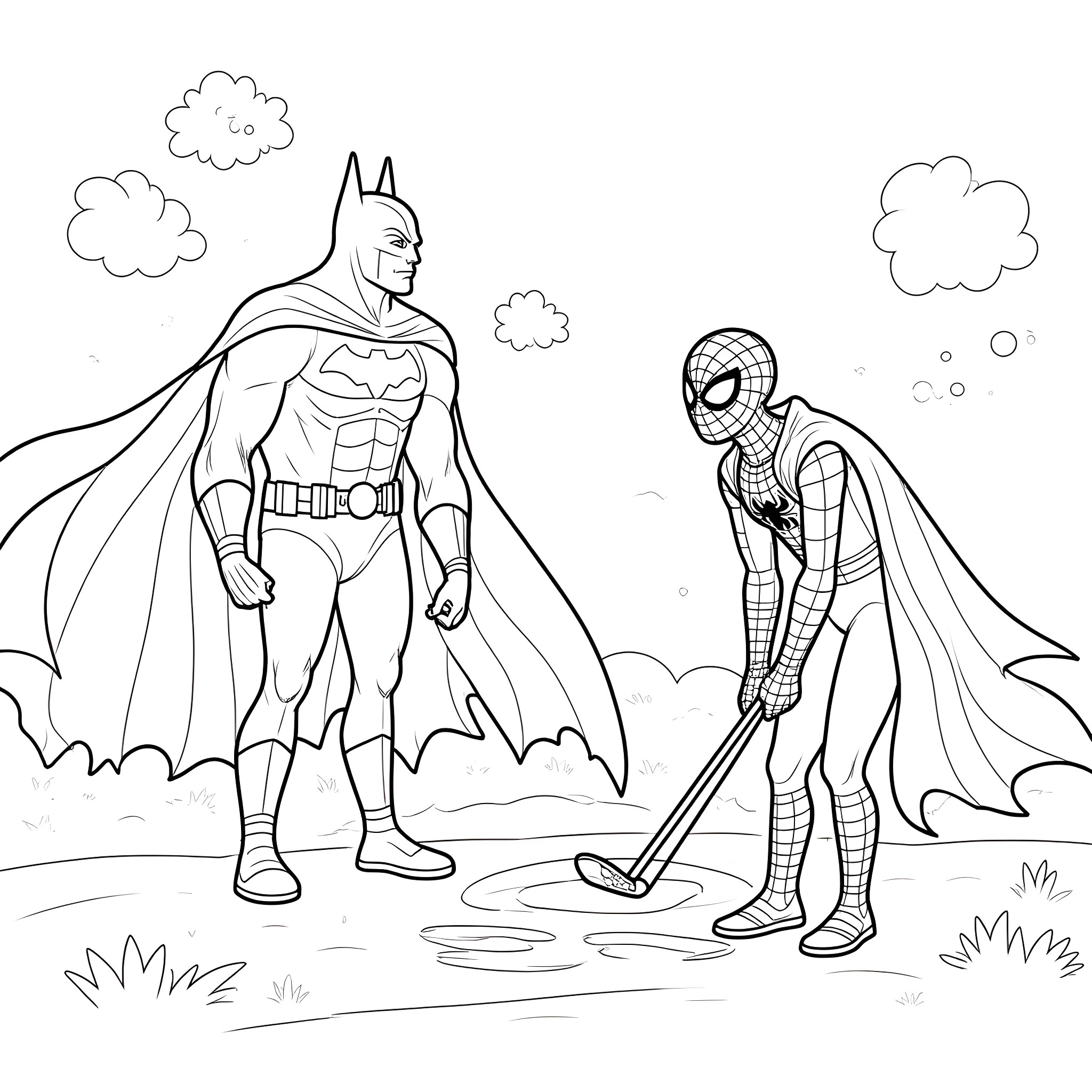 Batman and Spider-Man in Action Pose Coloring Page (free black-and-white line drawing printable PDF for all, from beginners to advanced learners, including children, teens, adults, and seniors)