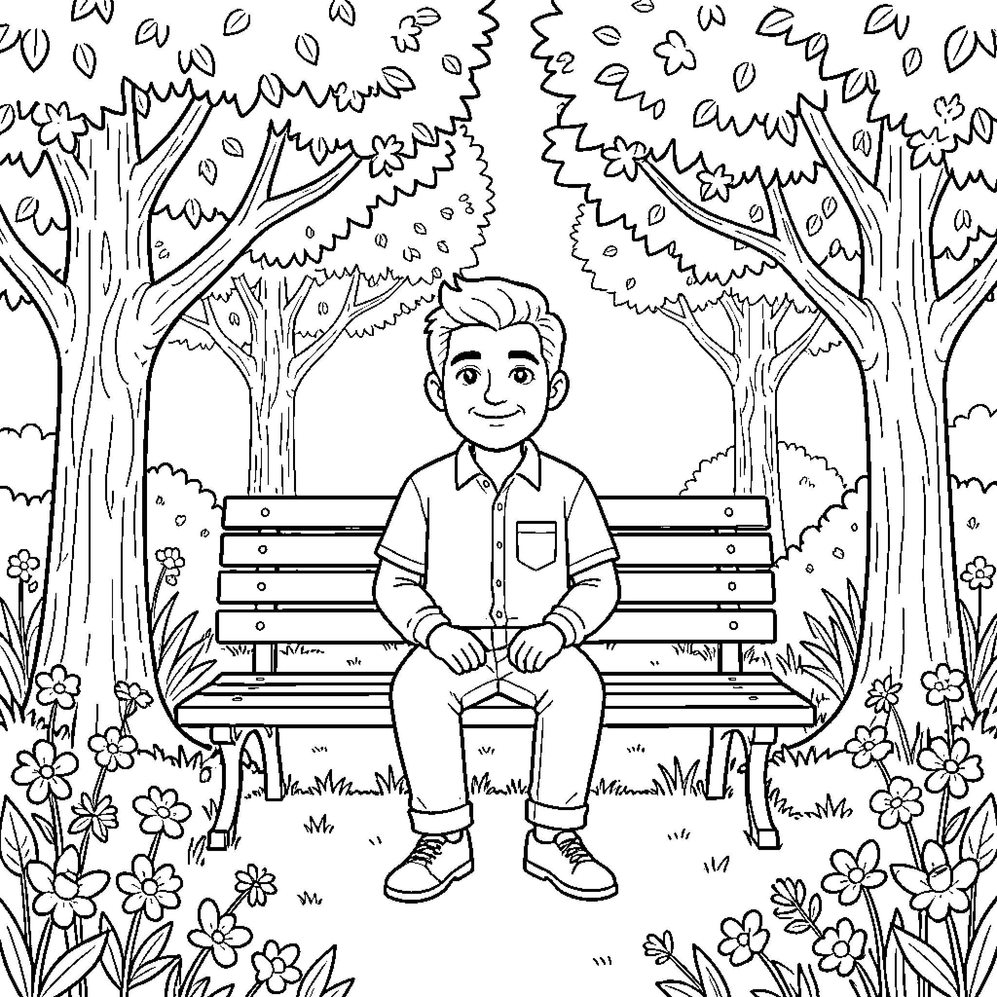 Tito relaxing on a bench in the park Coloring Page (free black-and-white line drawing printable PDF for all, from beginners to advanced learners, including children, teens, adults, and seniors)